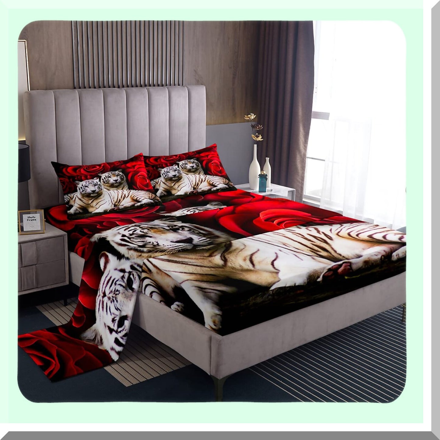 Safari Wild Rose Bedding Set - Red Rose Sheet Set with White Tiger Bed Sheets, African Animals Boho Flowers Top Sheet, Woodland Wildlife Decor
