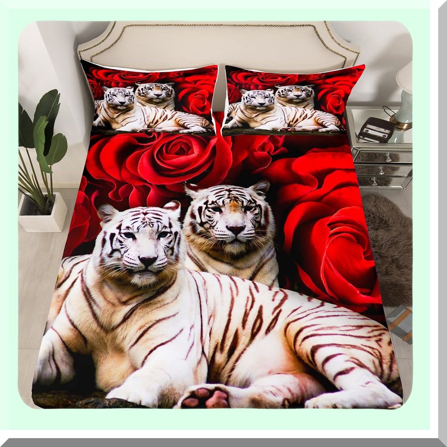 Safari Wild Rose Bedding Set - Red Rose Sheet Set with White Tiger Bed Sheets, African Animals Boho Flowers Top Sheet, Woodland Wildlife Decor