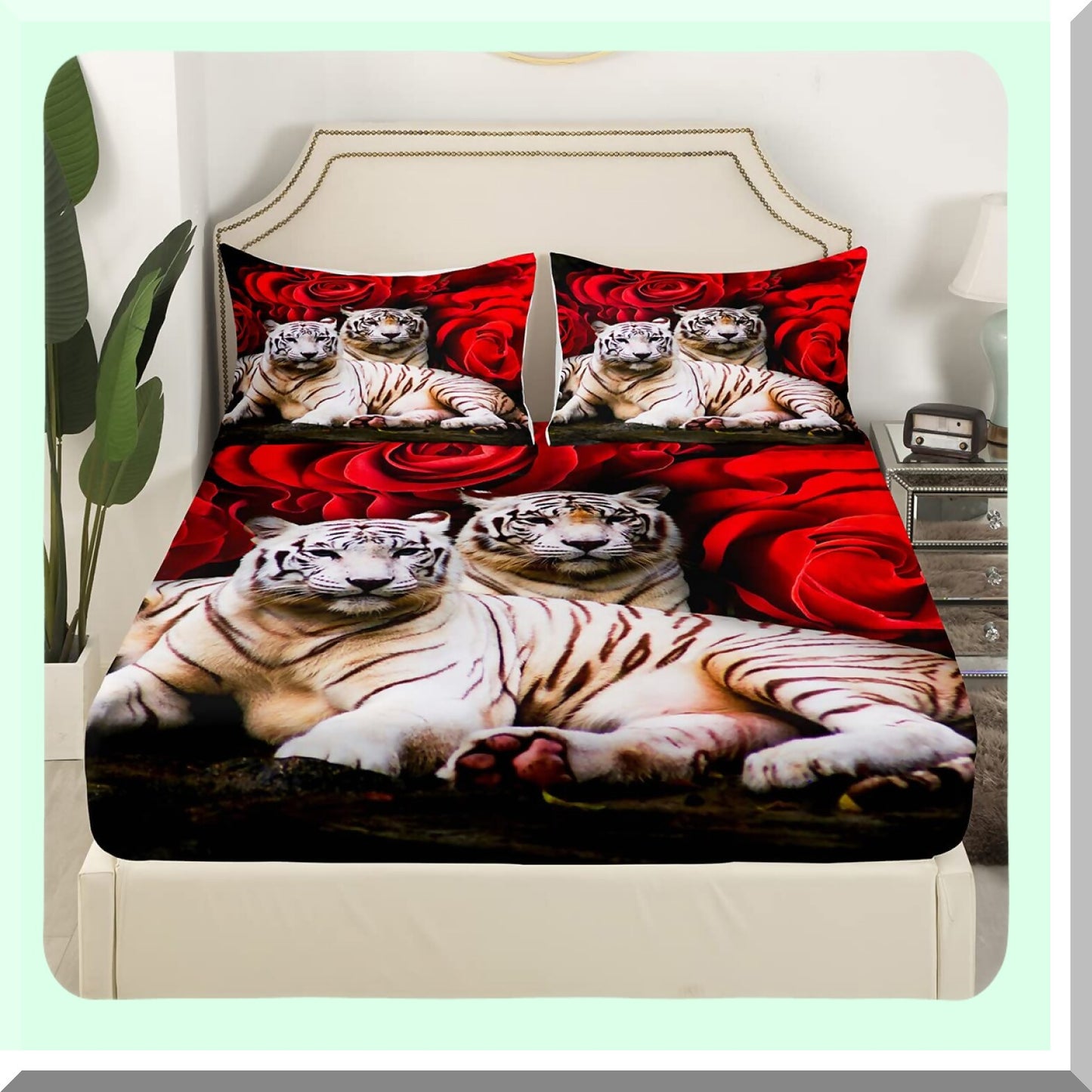 Safari Wild Rose Bedding Set - Red Rose Sheet Set with White Tiger Bed Sheets, African Animals Boho Flowers Top Sheet, Woodland Wildlife Decor