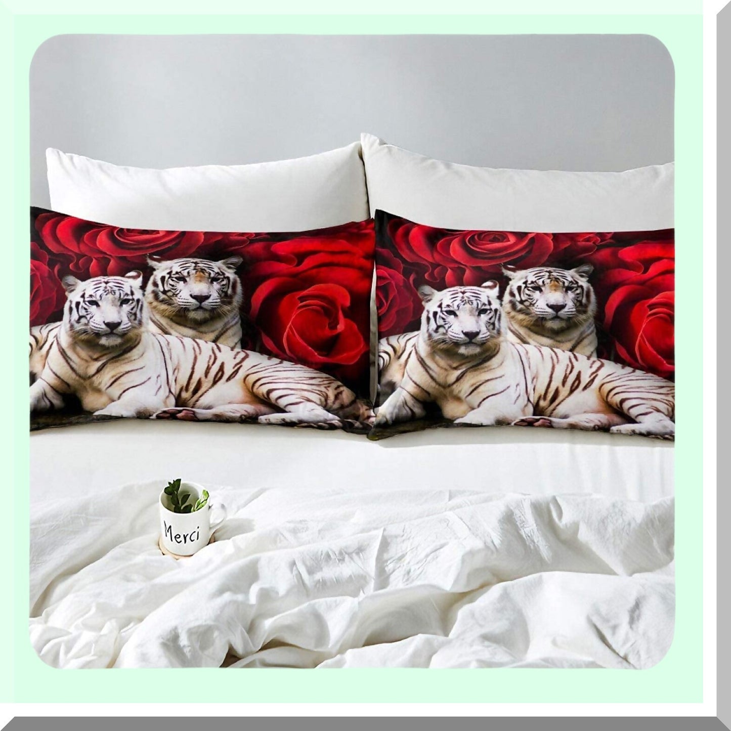 Safari Wild Rose Bedding Set - Red Rose Sheet Set with White Tiger Bed Sheets, African Animals Boho Flowers Top Sheet, Woodland Wildlife Decor