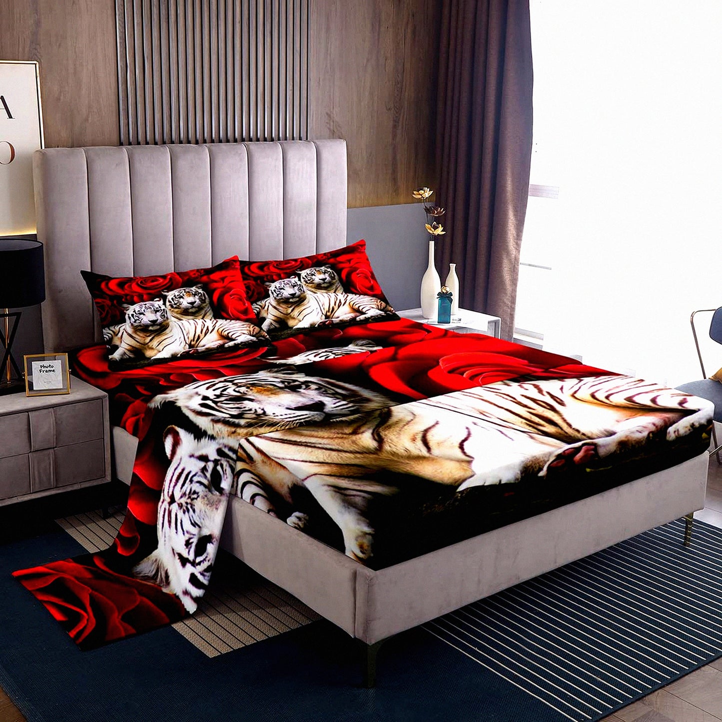 Safari Wild Rose Bedding Set - Red Rose Sheet Set with White Tiger Bed Sheets, African Animals Boho Flowers Top Sheet, Woodland Wildlife Decor