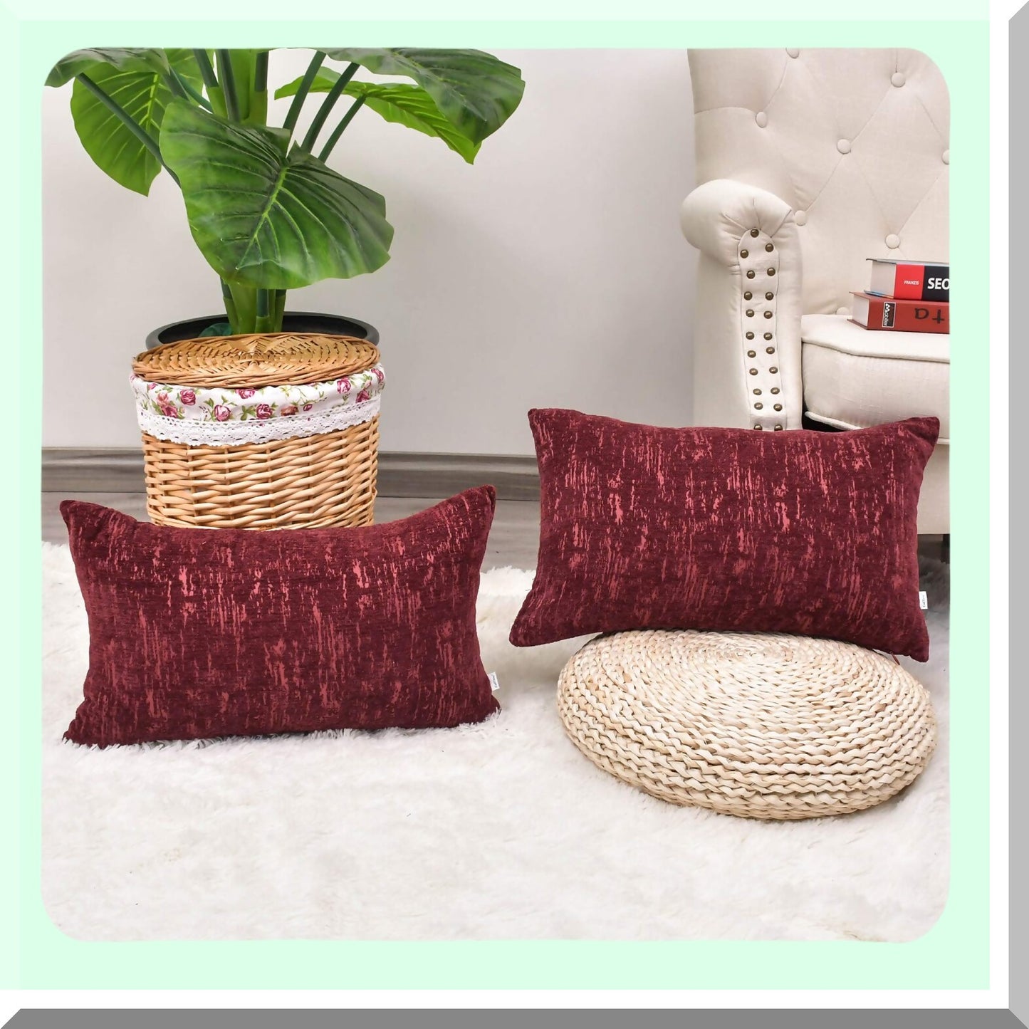 Marble Jacquard Chenille Cushion Covers - 2 Pack Super Soft Throw Pillow Cases for Home Decor - Burgundy Farmhouse Sofa Accessories 12x20"