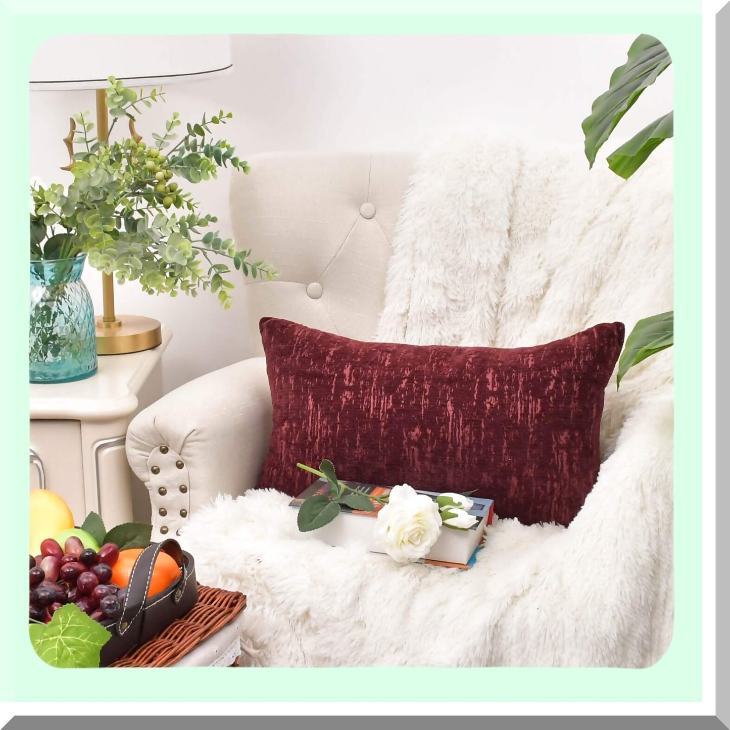 Marble Jacquard Chenille Cushion Covers - 2 Pack Super Soft Throw Pillow Cases for Home Decor - Burgundy Farmhouse Sofa Accessories 12x20"