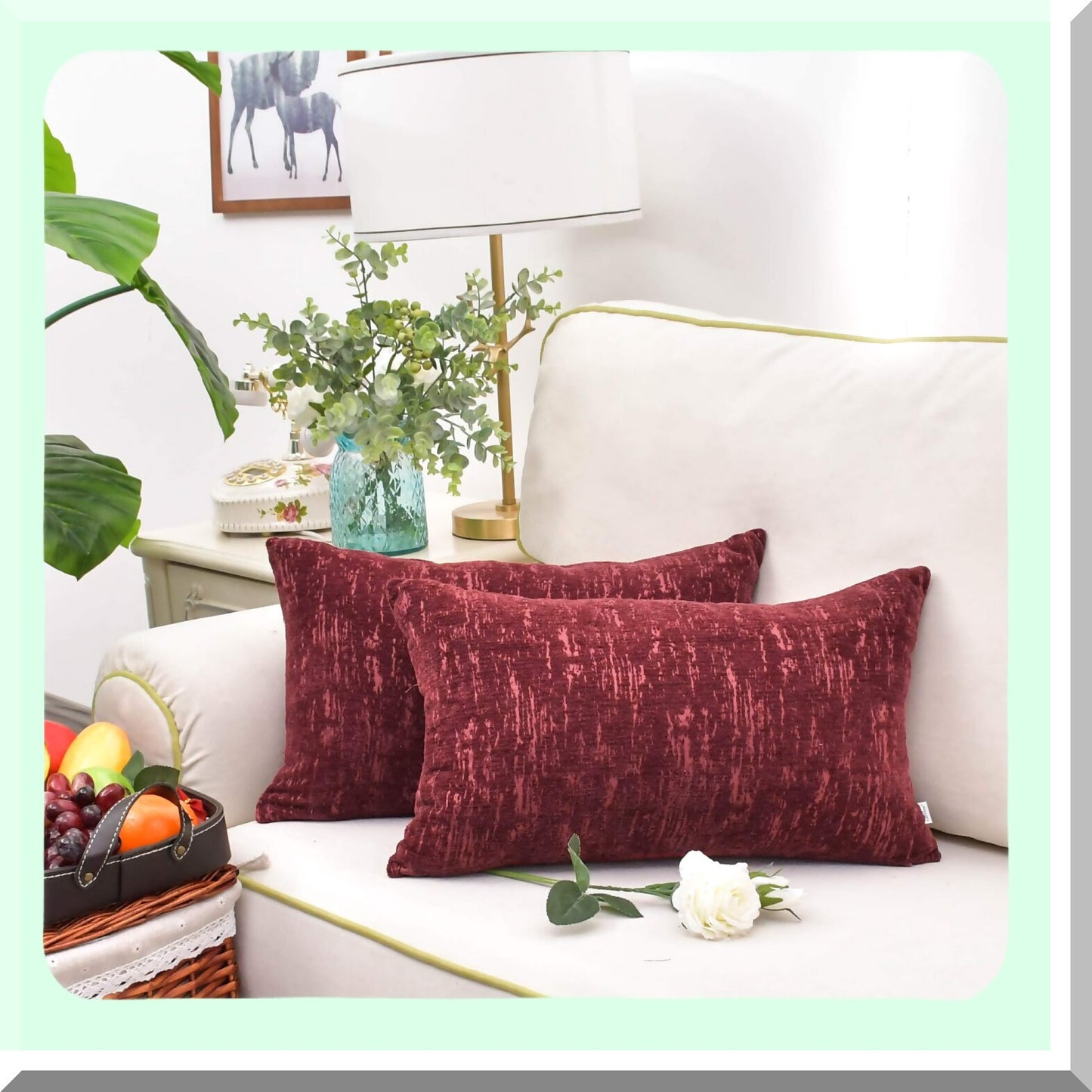 Marble Jacquard Chenille Cushion Covers - 2 Pack Super Soft Throw Pillow Cases for Home Decor - Burgundy Farmhouse Sofa Accessories 12x20"