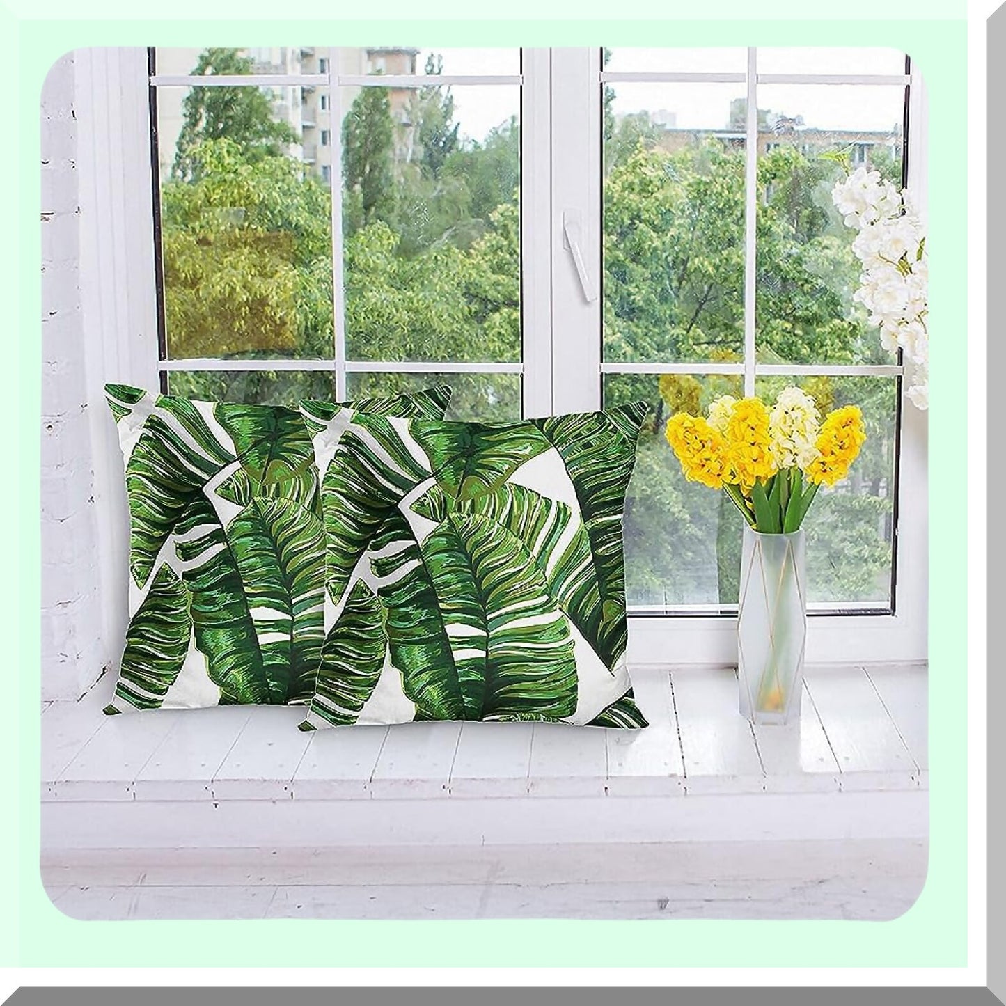 Tropical Palm Leaf Decorative Pillow Covers - Set of 2 Artistic Vintage Green Square 18x18 Inches Summer White Pillowcases for Home Decor