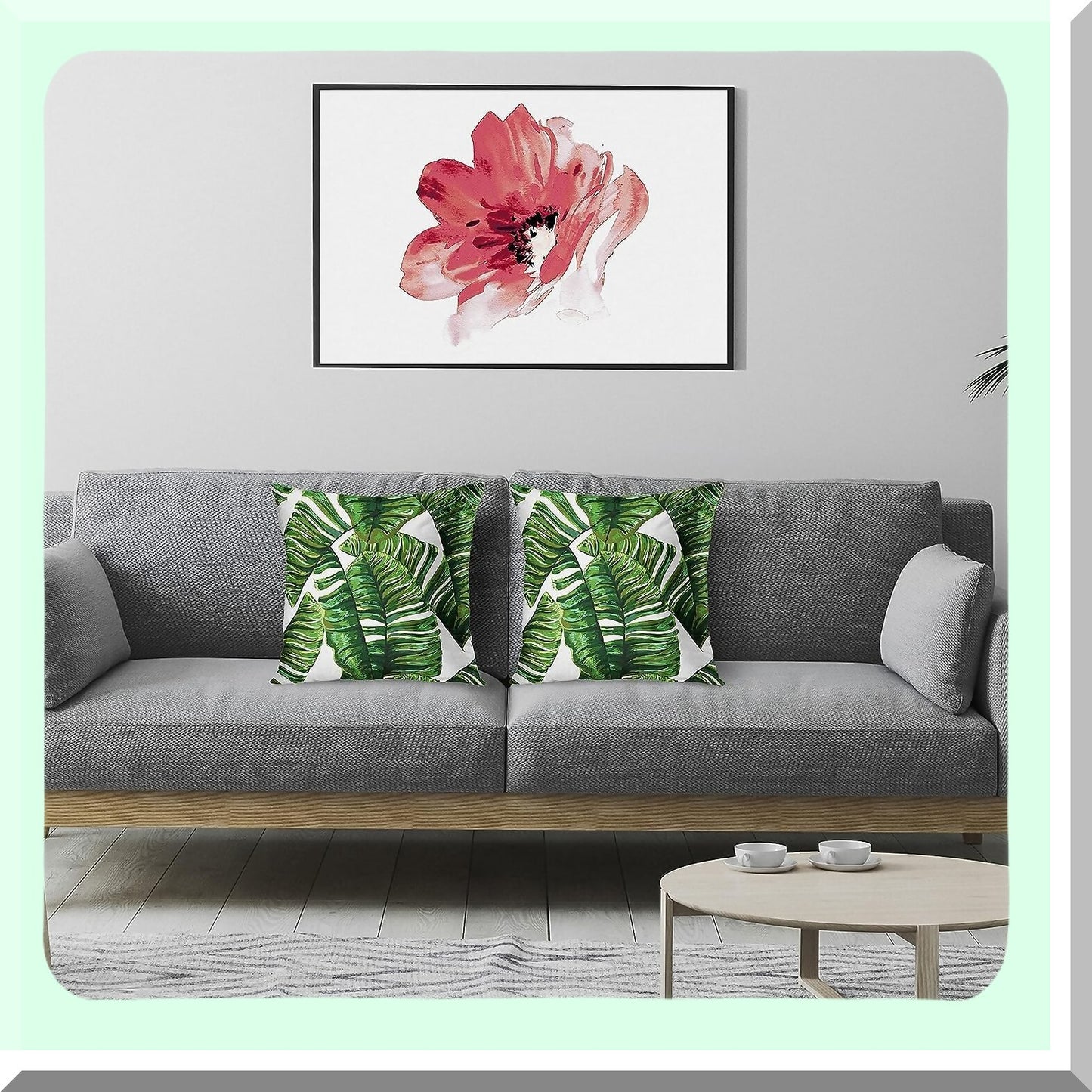 Tropical Palm Leaf Decorative Pillow Covers - Set of 2 Artistic Vintage Green Square 18x18 Inches Summer White Pillowcases for Home Decor