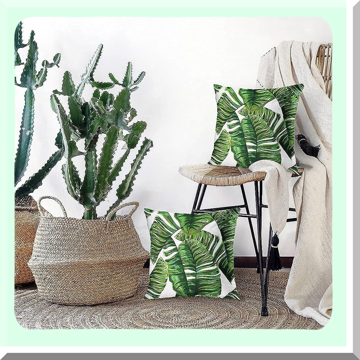 Tropical Palm Leaf Decorative Pillow Covers - Set of 2 Artistic Vintage Green Square 18x18 Inches Summer White Pillowcases for Home Decor