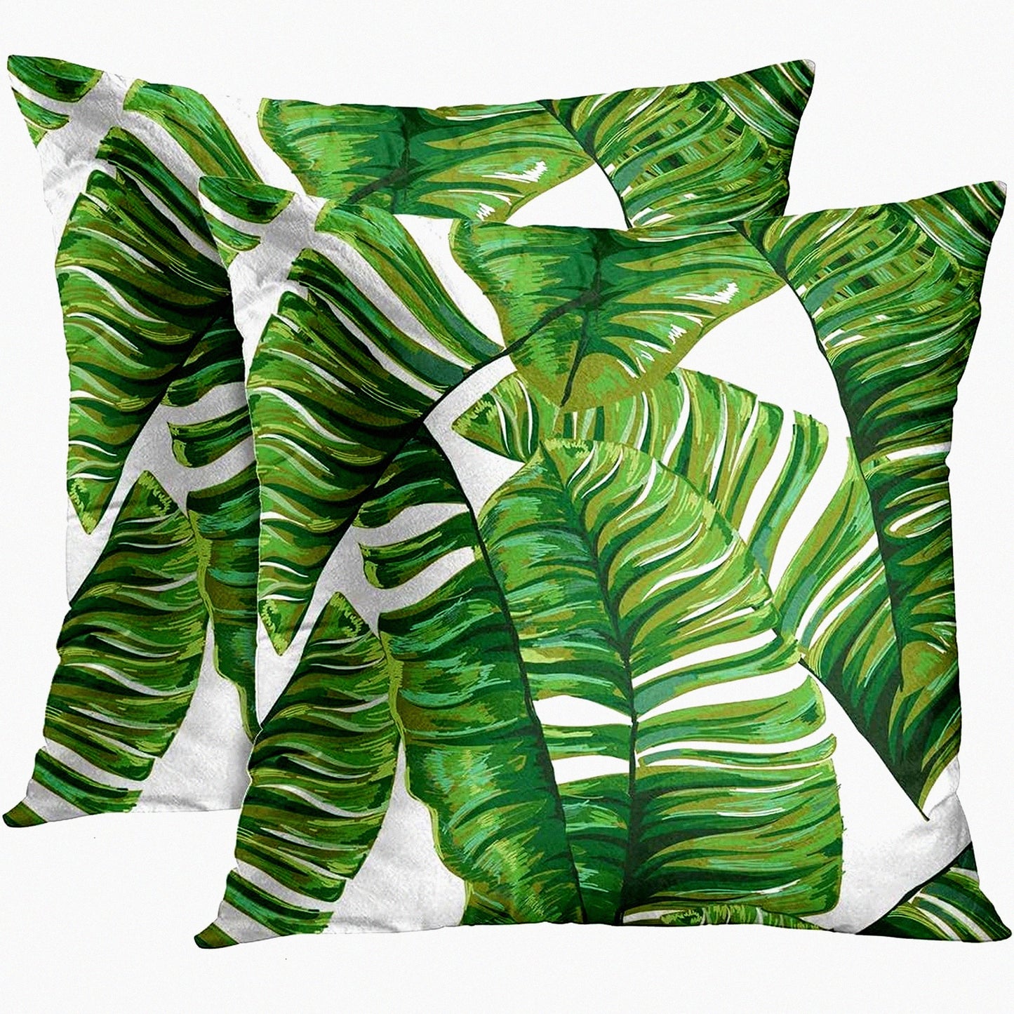 Tropical Palm Leaf Decorative Pillow Covers - Set of 2 Artistic Vintage Green Square 18x18 Inches Summer White Pillowcases for Home Decor
