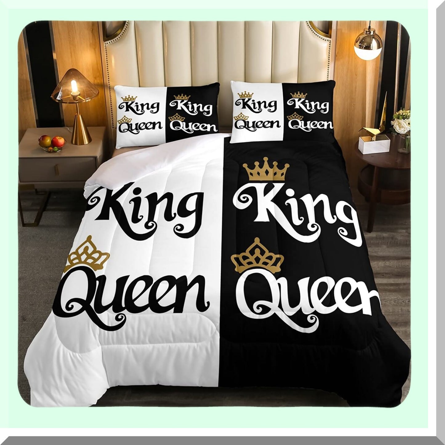 King and Queen Crown Comforter Set - Black White Couple Bedding for Adults. His Her Mr Mrs Quilt Duvet Sets - Wedding Valentines Gift. Bedroom Decor Queen Size with 2 Pillow Cases.