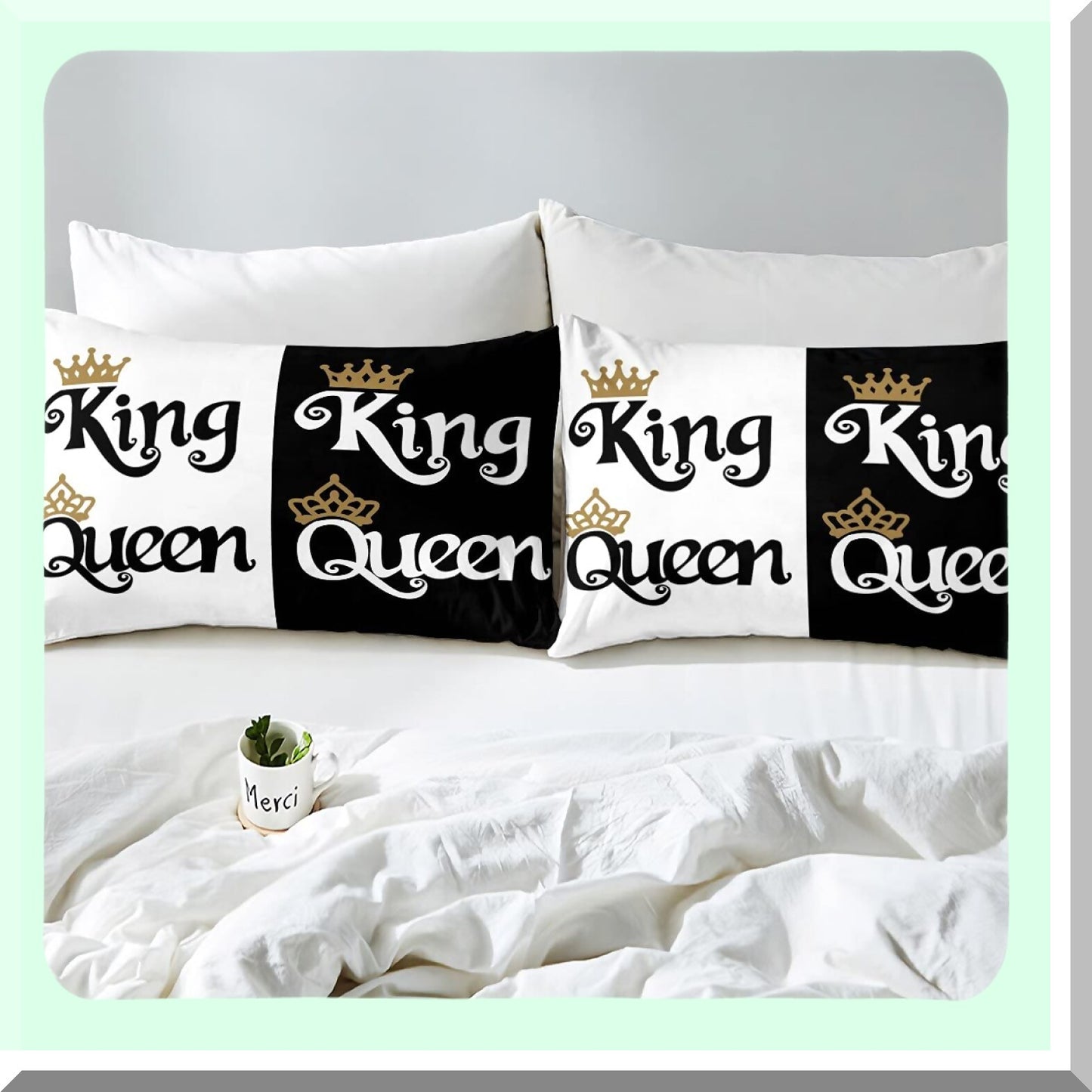 King and Queen Crown Comforter Set - Black White Couple Bedding for Adults. His Her Mr Mrs Quilt Duvet Sets - Wedding Valentines Gift. Bedroom Decor Queen Size with 2 Pillow Cases.
