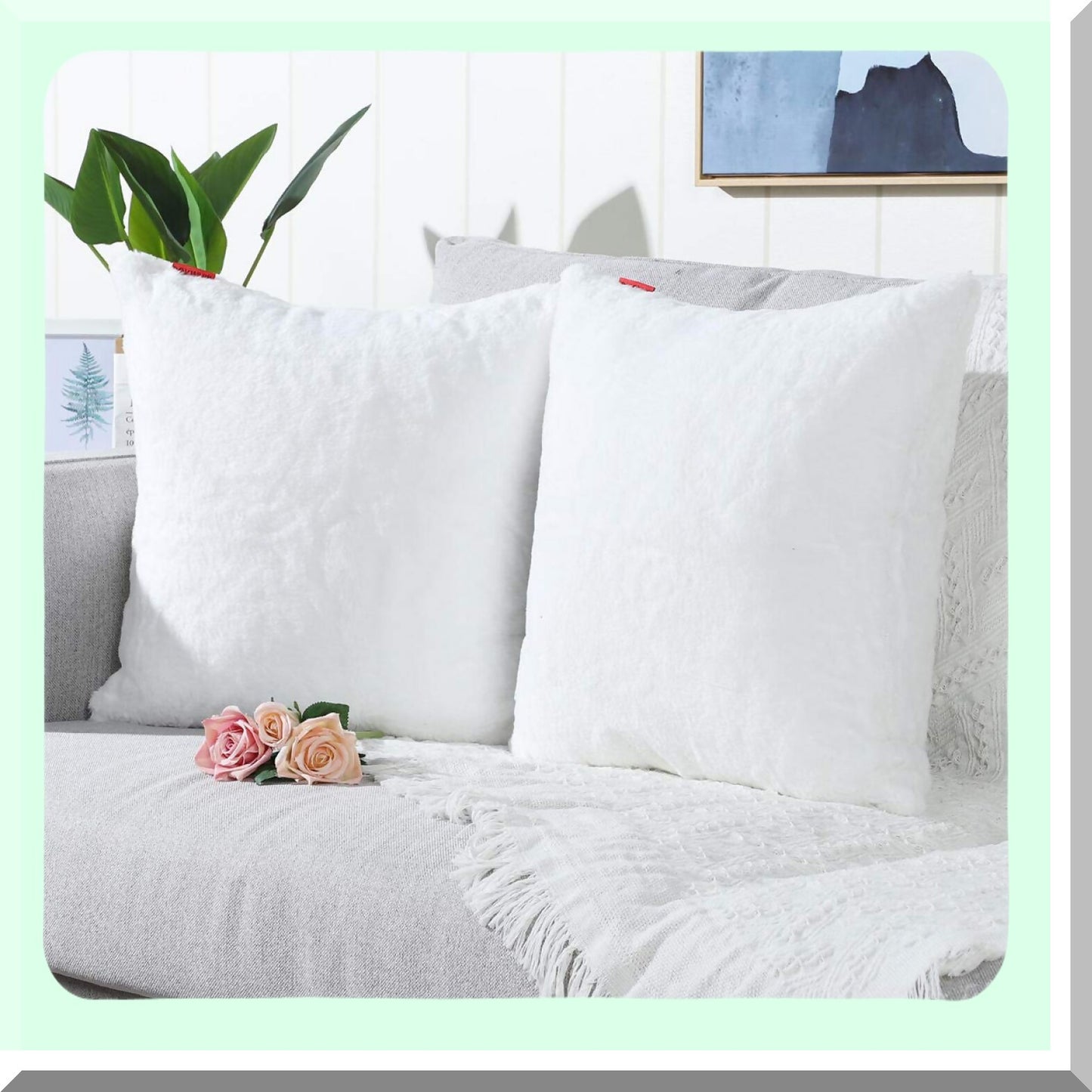 Snow White Fuzzy Cozy Throw Pillow Covers - Set of 2 Decorative Cushion Cases for Sofa, Bedroom, Car - Soft Pillowcases - 16x16 Inches
