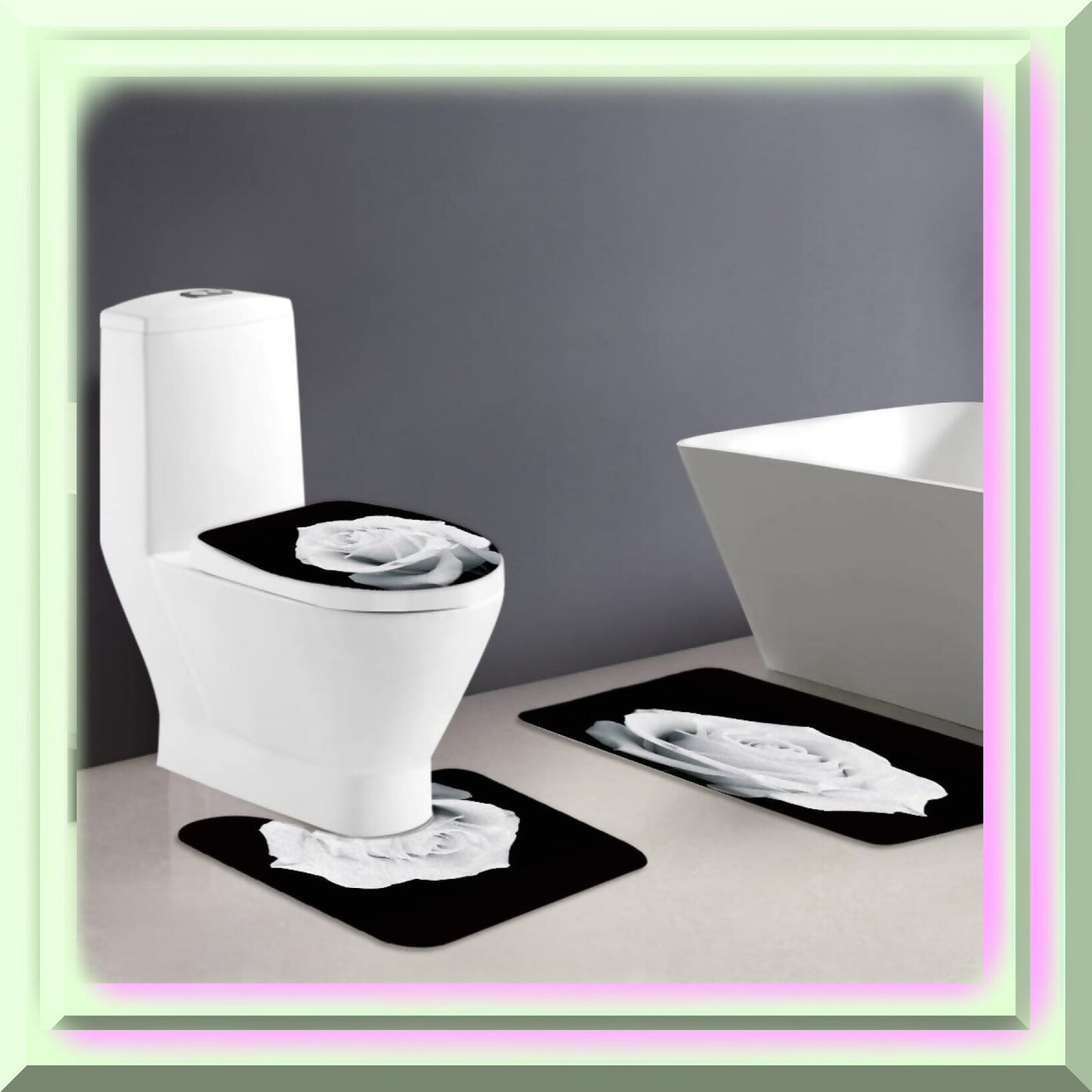 3-Piece White Rose Blooming Bath Rug Set