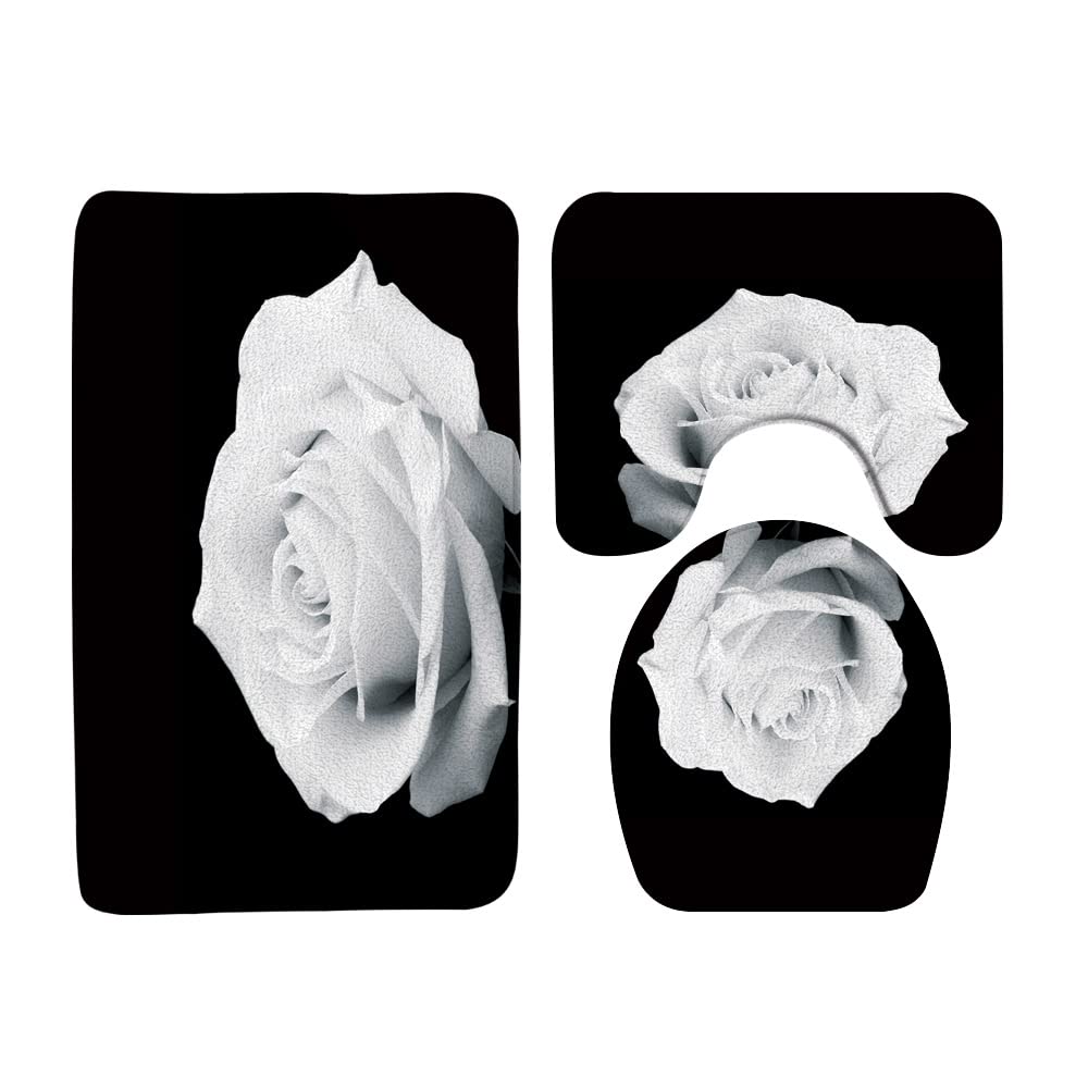 3-Piece White Rose Blooming Bath Rug Set