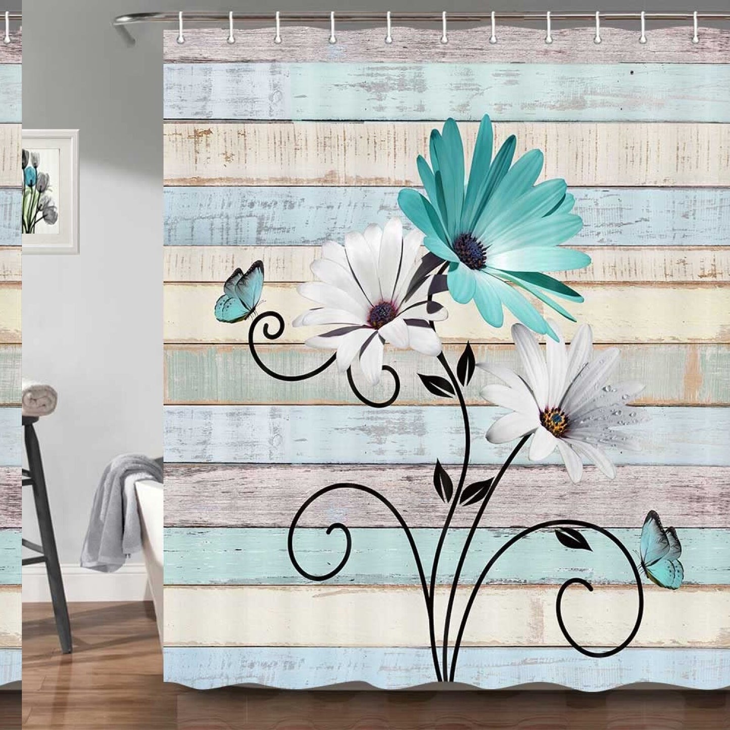 Rustic Teal Daisy Floral Shower Curtain 69x70in