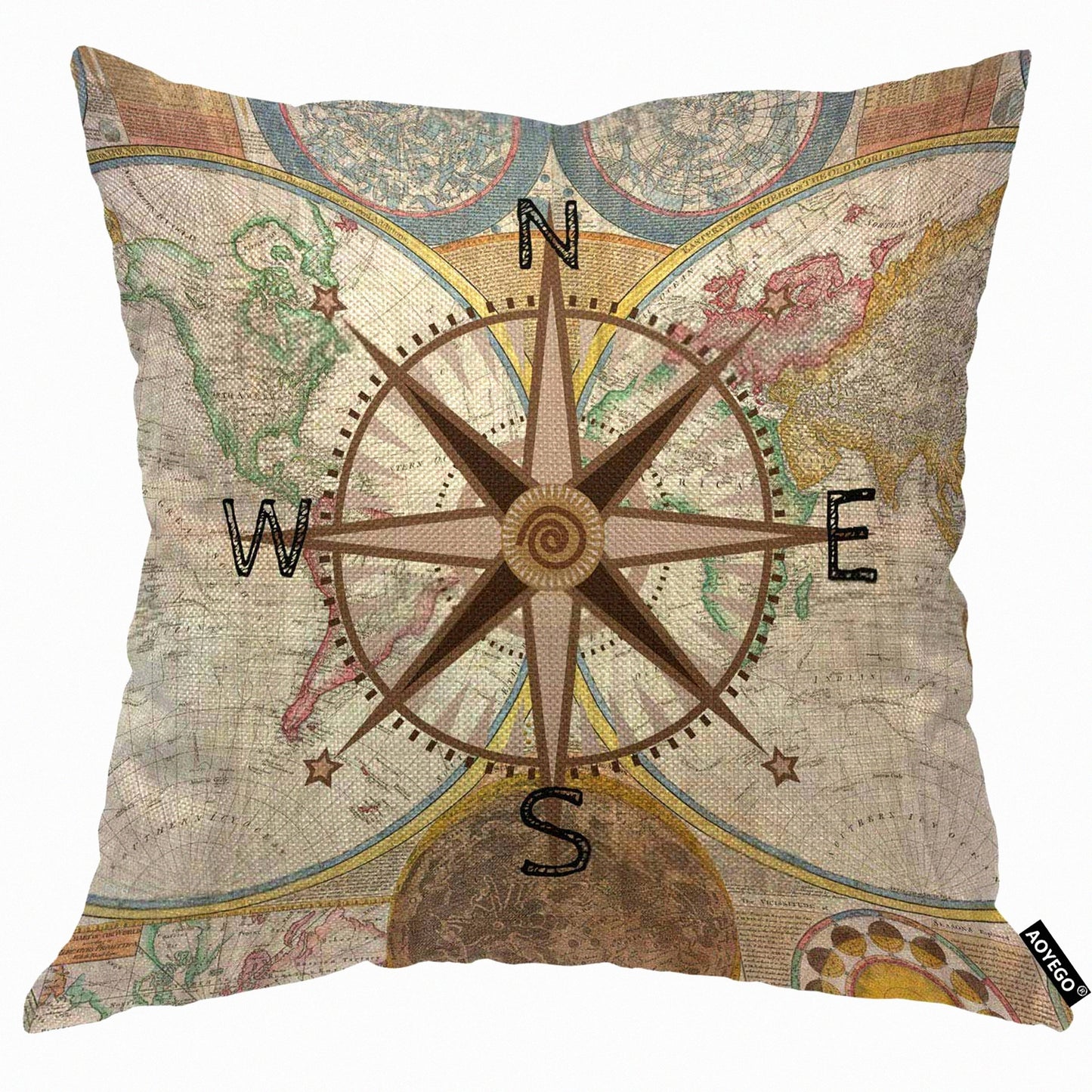 Earthly History Map Decor Pillow Cover - Antique World Direction Century Geography Cushion Case for Home Couch Bed - 18x18 Inch Men Women Boy Girl Room Decorative Throw Pillow Cover