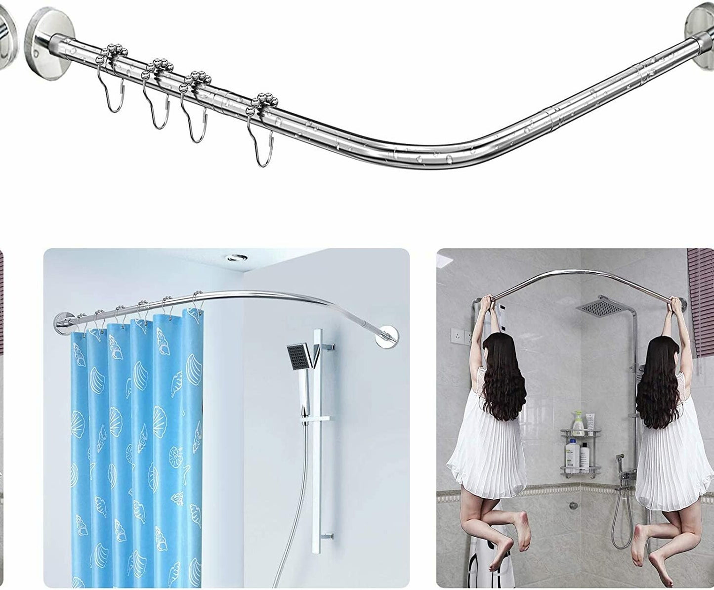 Stretchable Stainless Steel L-Shaped Shower Curtain Rod 27"-39"