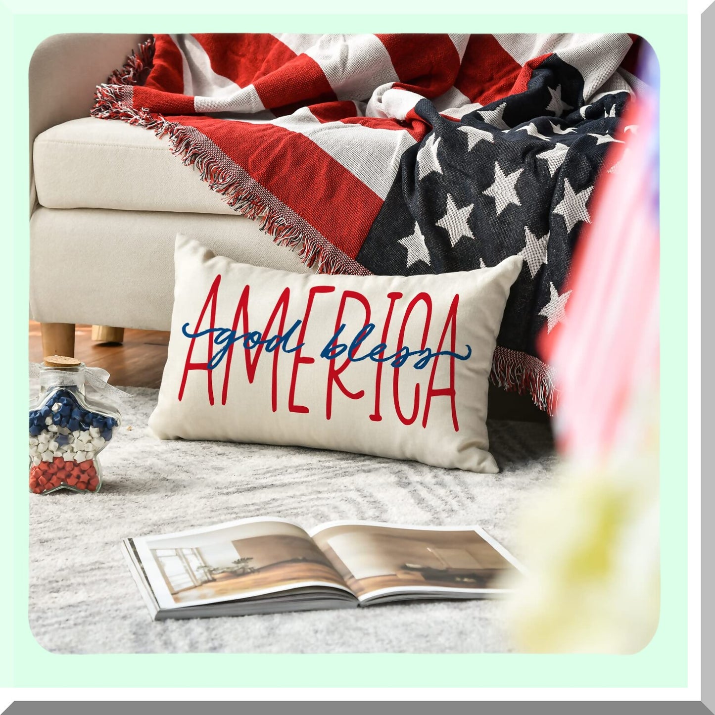 Patriotic Blessings Throw Pillow Cover - Independence Day Cushion Case for Sofa Couch - 12 x 20 Inch White Memorial Day Pillows