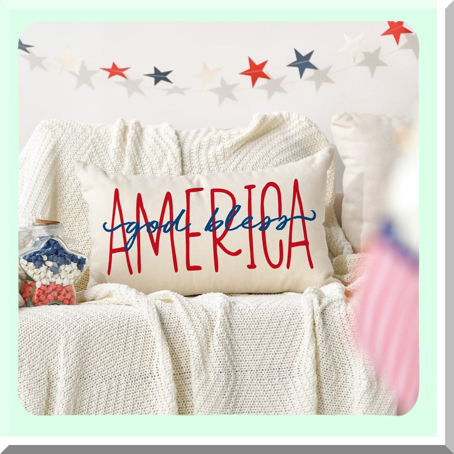 Patriotic Blessings Throw Pillow Cover - Independence Day Cushion Case for Sofa Couch - 12 x 20 Inch White Memorial Day Pillows