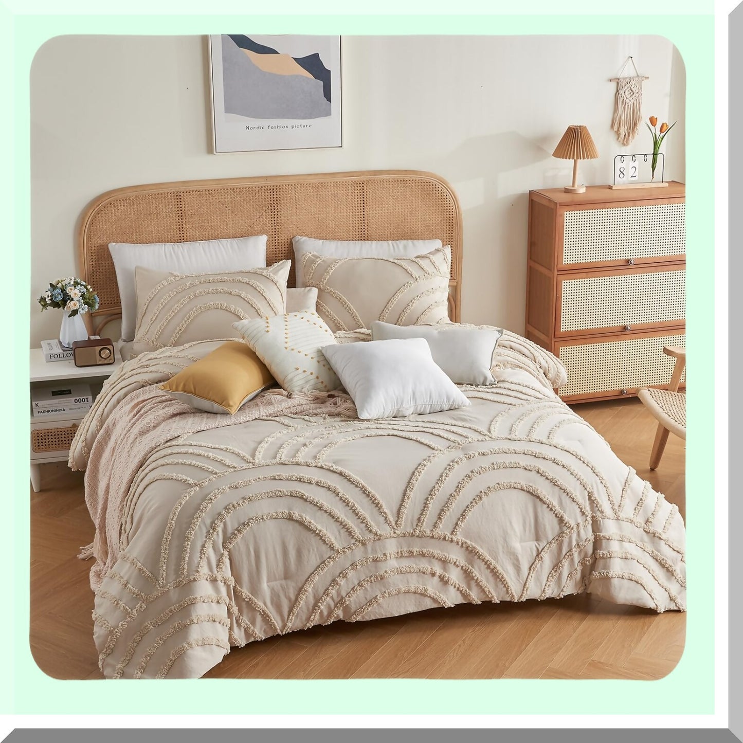 Boho Rainbow Tufted Comforter Set - Queen Size Bedding with 2 Pillow Cases - Lightweight Soft Microfiber - All Season Beige Comforter - 3 Pieces