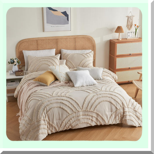 Boho Rainbow Tufted Comforter Set - Queen Size Bedding with 2 Pillow Cases - Lightweight Soft Microfiber - All Season Beige Comforter - 3 Pieces