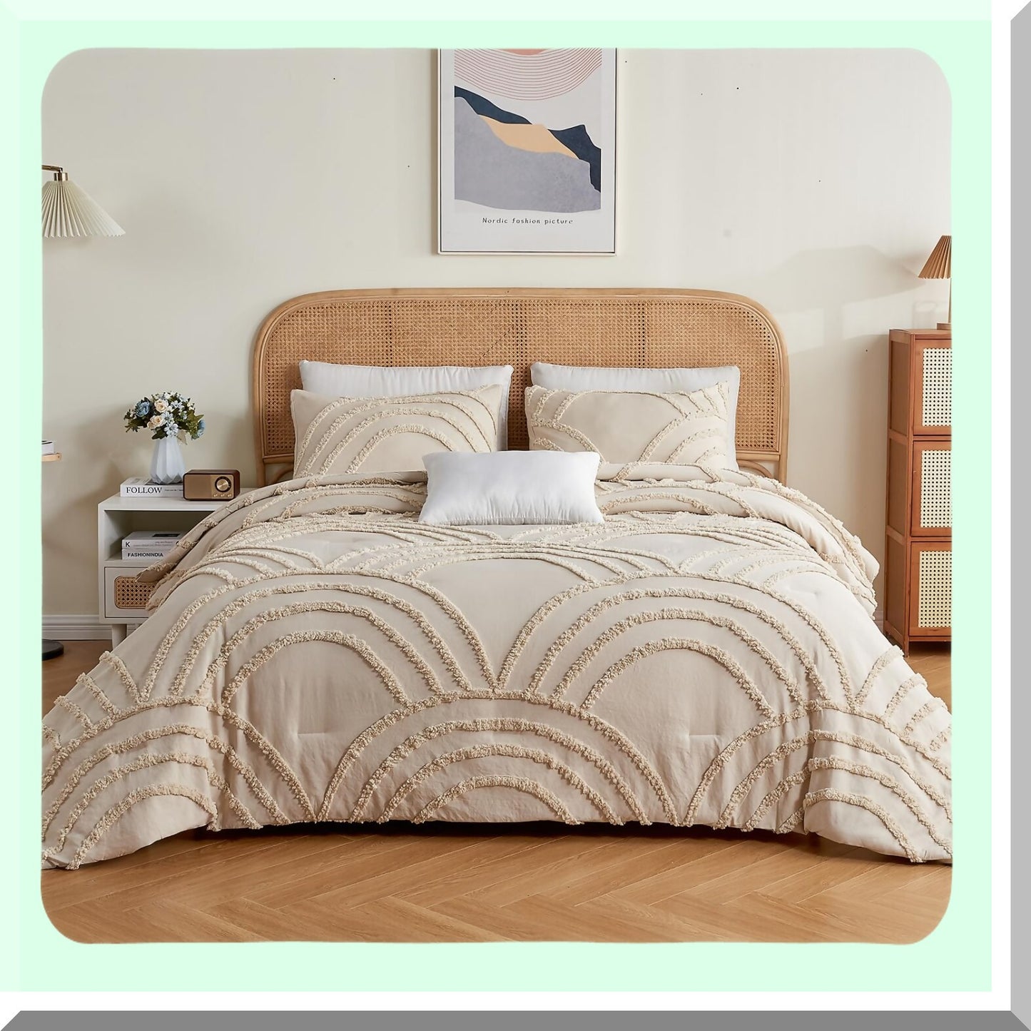 Boho Rainbow Tufted Comforter Set - Queen Size Bedding with 2 Pillow Cases - Lightweight Soft Microfiber - All Season Beige Comforter - 3 Pieces