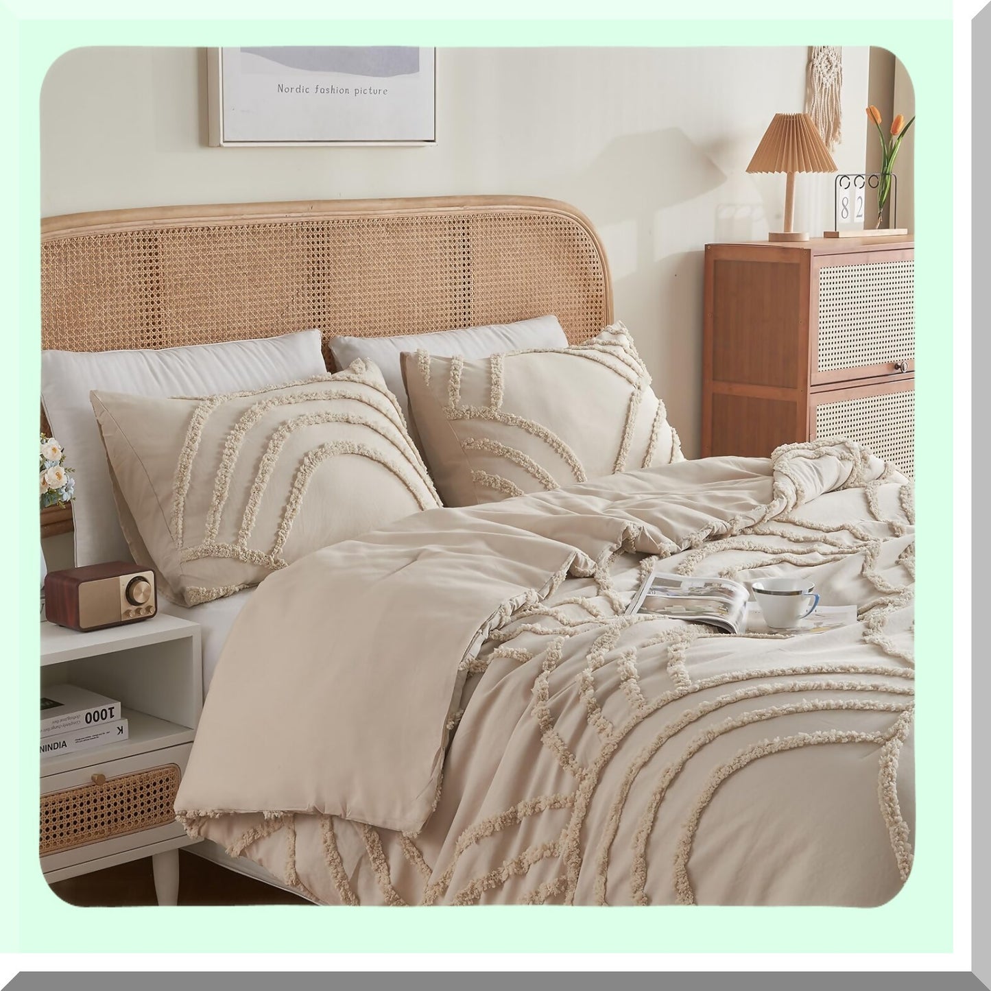 Boho Rainbow Tufted Comforter Set - Queen Size Bedding with 2 Pillow Cases - Lightweight Soft Microfiber - All Season Beige Comforter - 3 Pieces