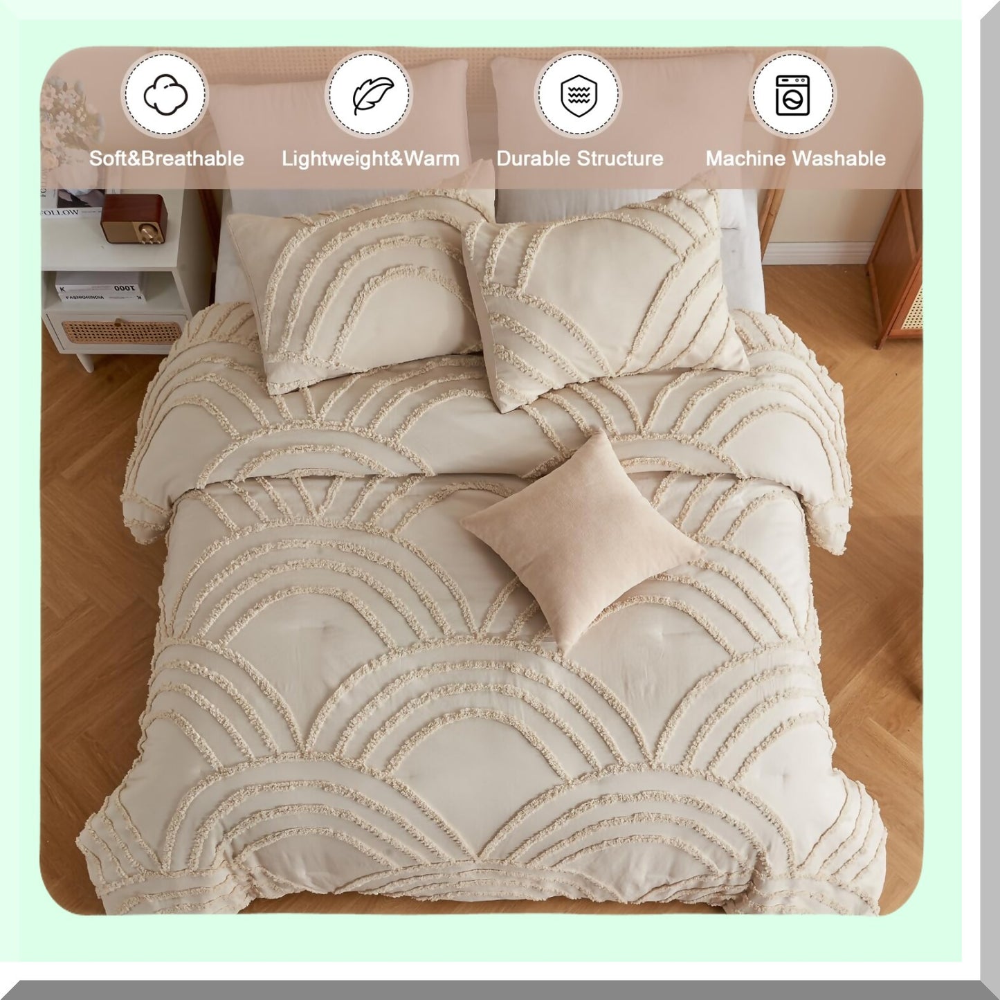 Boho Rainbow Tufted Comforter Set - Queen Size Bedding with 2 Pillow Cases - Lightweight Soft Microfiber - All Season Beige Comforter - 3 Pieces