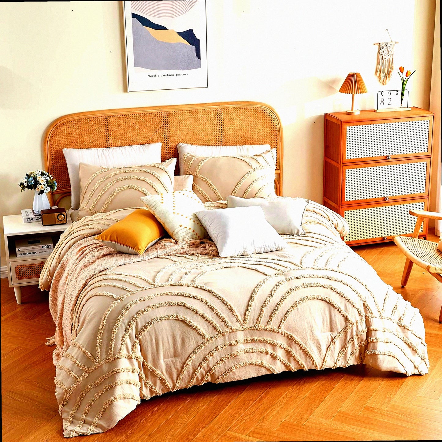 Boho Rainbow Tufted Comforter Set - Queen Size Bedding with 2 Pillow Cases - Lightweight Soft Microfiber - All Season Beige Comforter - 3 Pieces