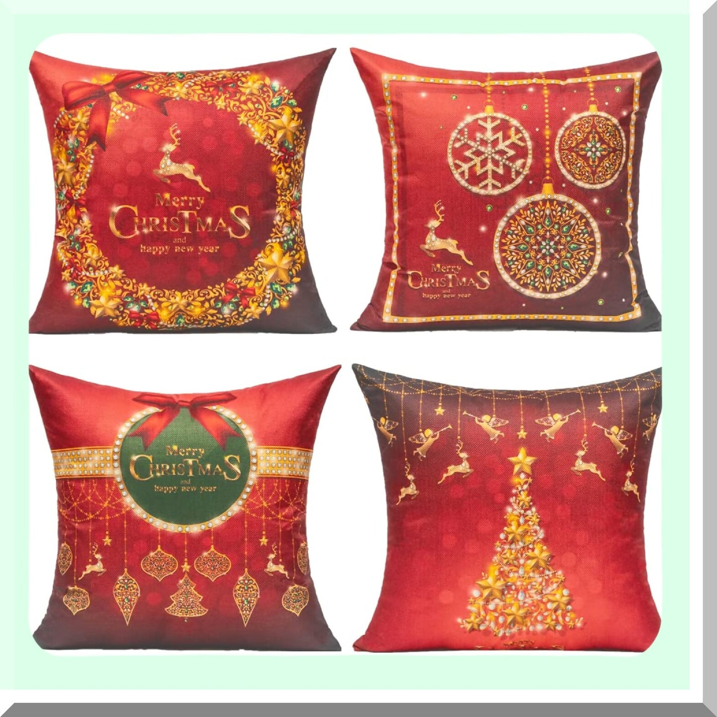 Winter Wonderland Holiday Deer Decorative Pillow Covers - Set of 4 - Red Gold Xmas Tree Snowflake Cushion Covers for Couch Sofa 18X18
