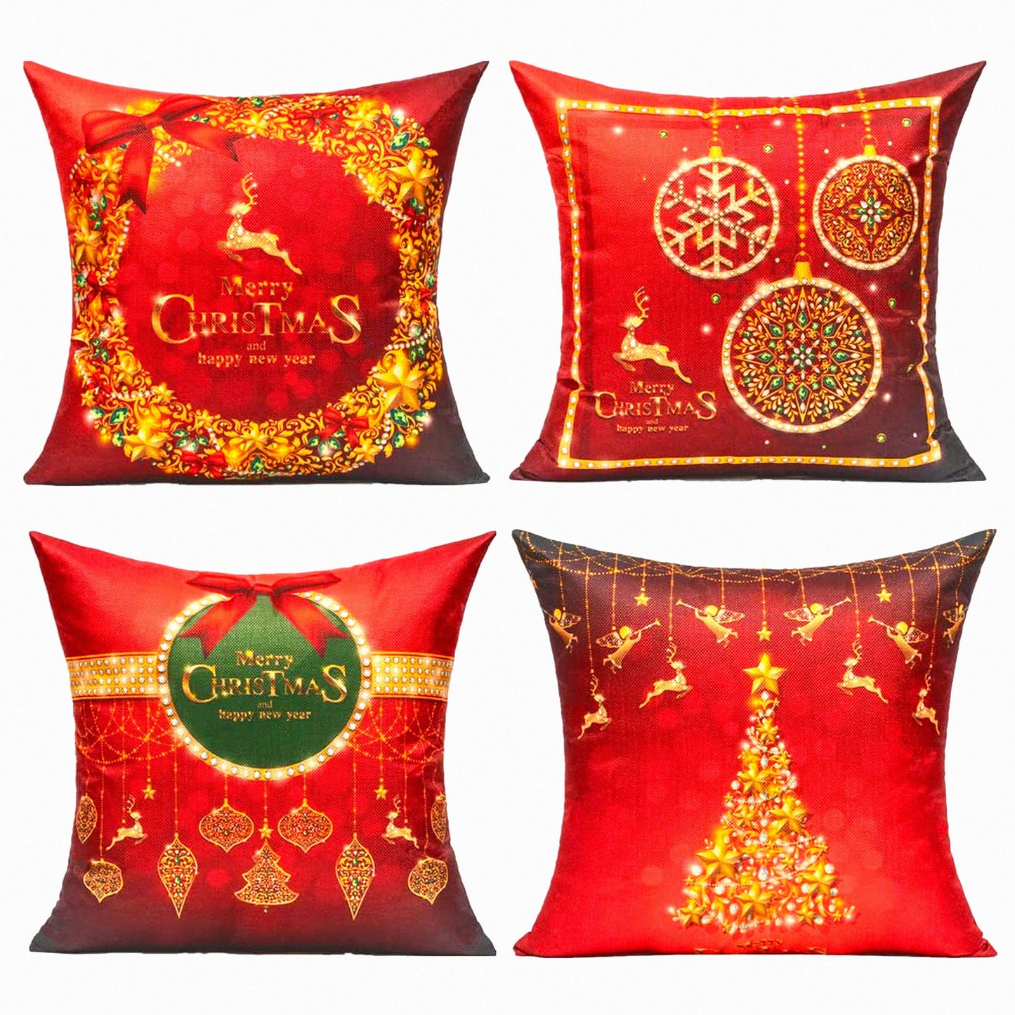 Winter Wonderland Holiday Deer Decorative Pillow Covers - Set of 4 - Red Gold Xmas Tree Snowflake Cushion Covers for Couch Sofa 18X18