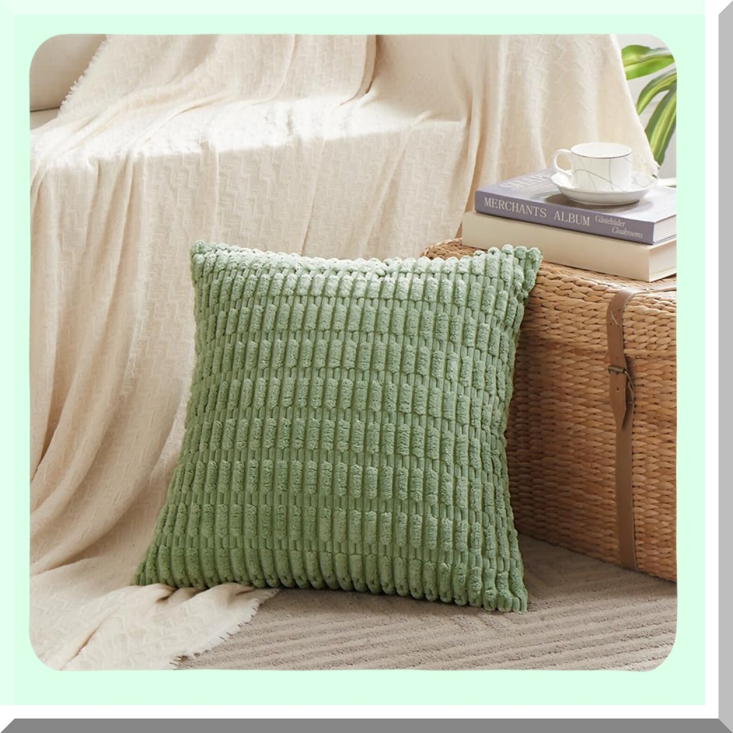 Sage Green Striped Corduroy Throw Pillow Covers - Rustic Farmhouse Boho Decor - Soft Square Cushion Case for Living Room Couch Bed Sofa - 18x18 Inch - 45x45 cm