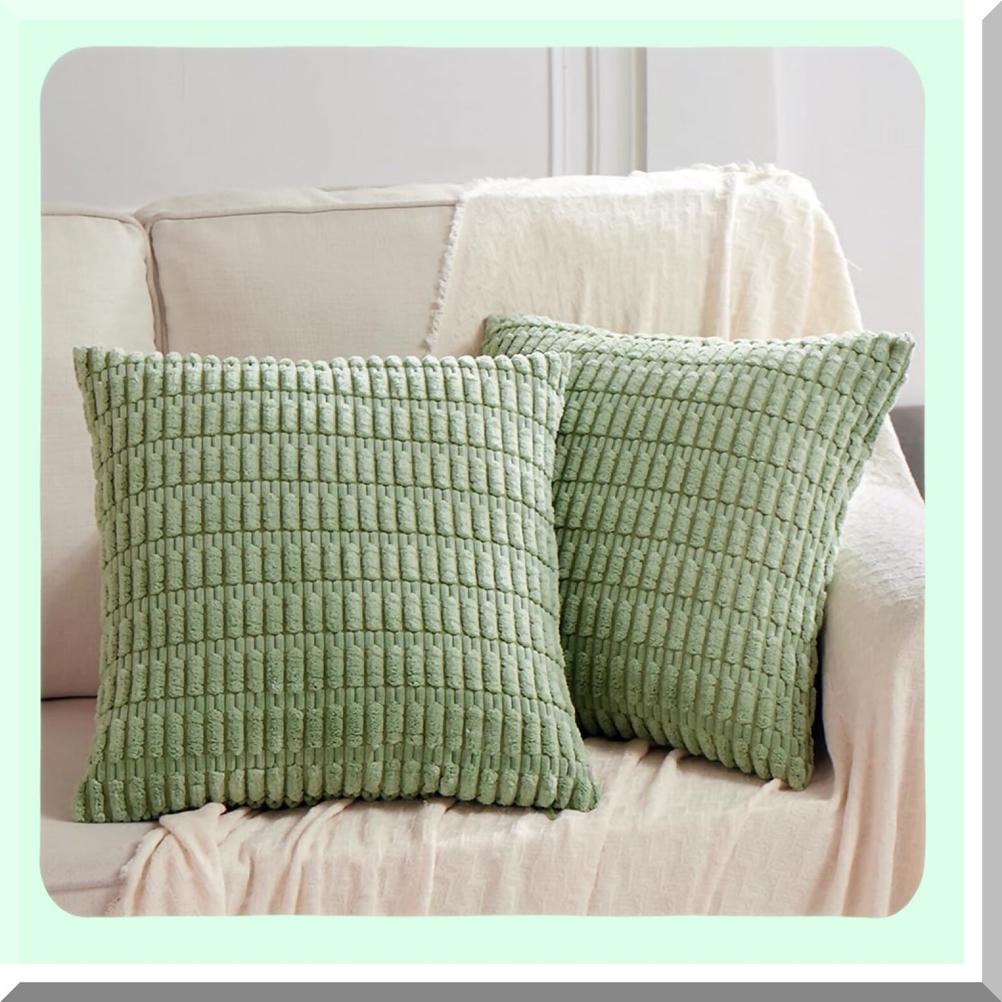 Sage Green Striped Corduroy Throw Pillow Covers - Rustic Farmhouse Boho Decor - Soft Square Cushion Case for Living Room Couch Bed Sofa - 18x18 Inch - 45x45 cm