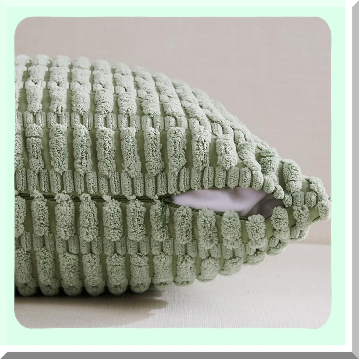 Sage Green Striped Corduroy Throw Pillow Covers - Rustic Farmhouse Boho Decor - Soft Square Cushion Case for Living Room Couch Bed Sofa - 18x18 Inch - 45x45 cm