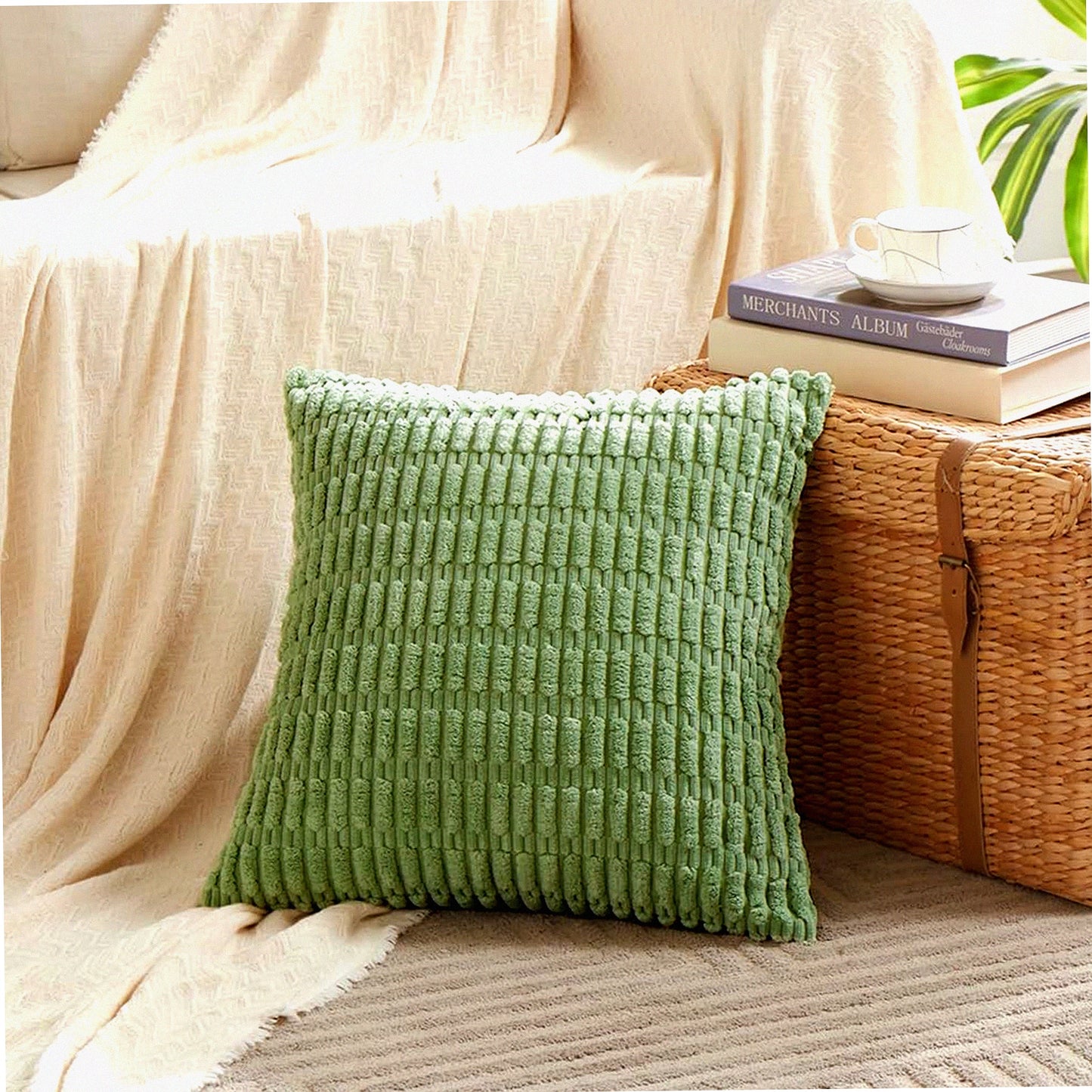 Sage Green Striped Corduroy Throw Pillow Covers - Rustic Farmhouse Boho Decor - Soft Square Cushion Case for Living Room Couch Bed Sofa - 18x18 Inch - 45x45 cm