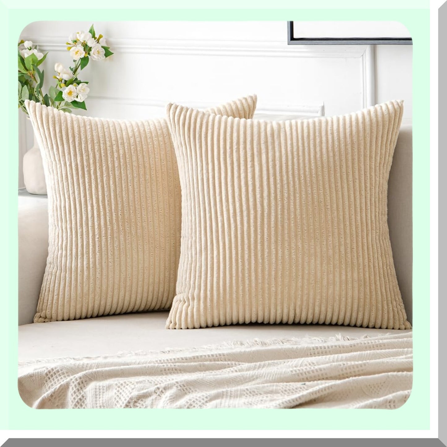 Soft Striped Boho Corduroy Pillow Covers - Set of 2 Beige Decorative Throw Pillows 18x18 for Spring Home Decor. Perfect for Couch, Sofa, Bedroom, Livingroom.