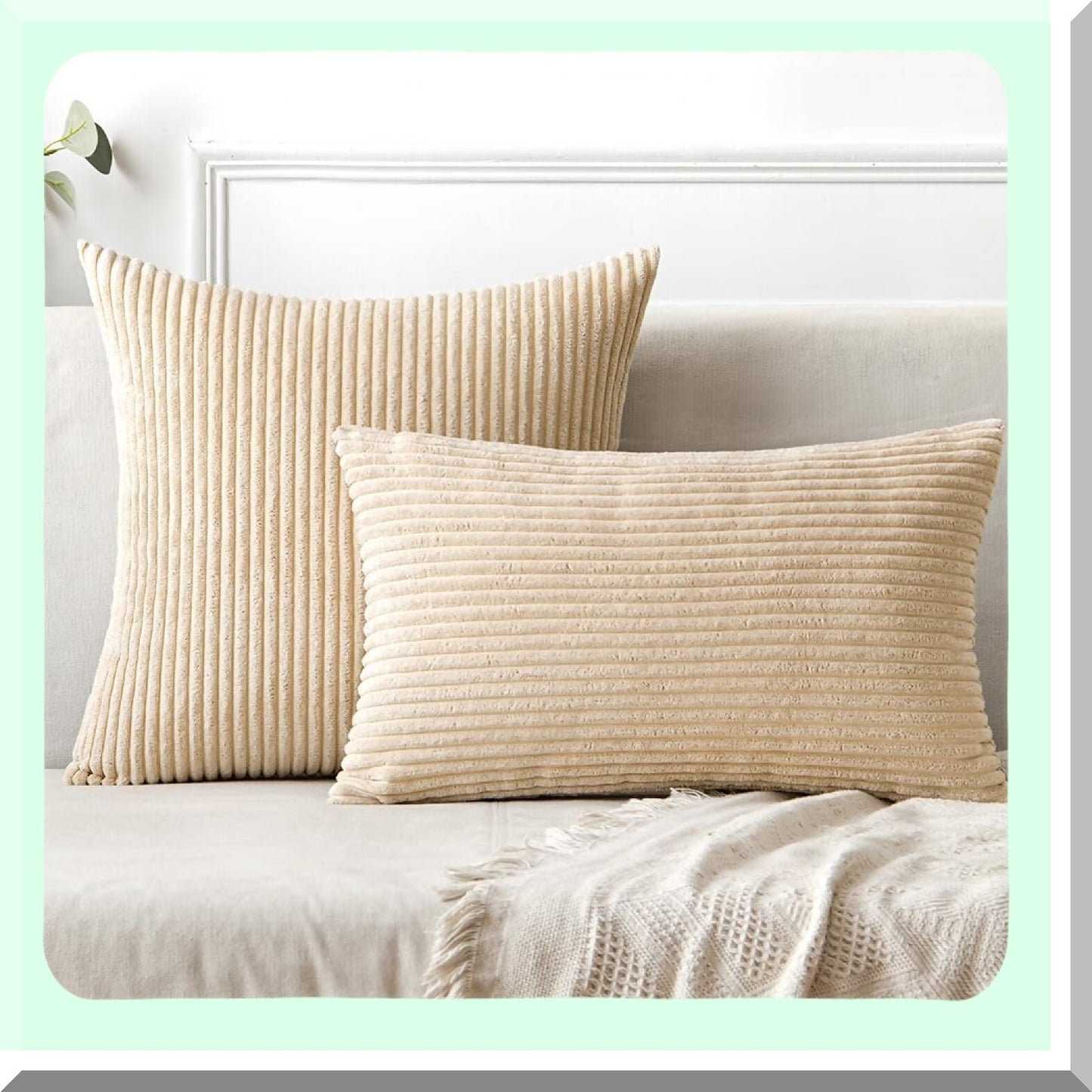 Soft Striped Boho Corduroy Pillow Covers - Set of 2 Beige Decorative Throw Pillows 18x18 for Spring Home Decor. Perfect for Couch, Sofa, Bedroom, Livingroom.
