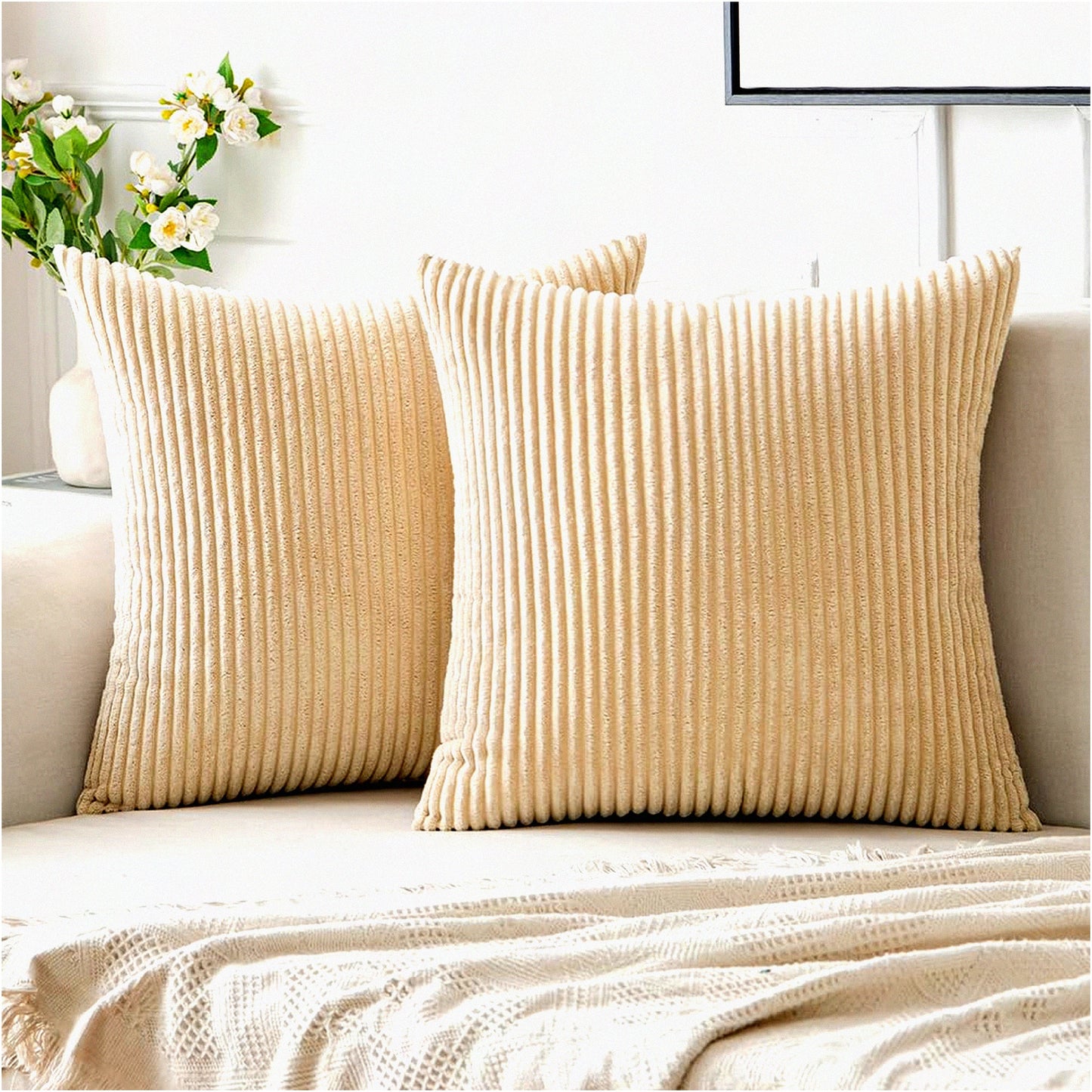 Soft Striped Boho Corduroy Pillow Covers - Set of 2 Beige Decorative Throw Pillows 18x18 for Spring Home Decor. Perfect for Couch, Sofa, Bedroom, Livingroom.