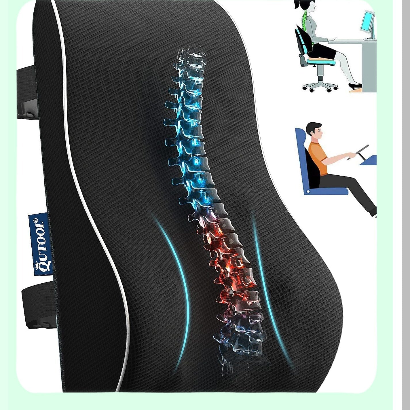 ErgoComfort Memory Foam Lumbar Support Pillow - Back Pain Relief & Posture Improvement Cushion for Office Chair, Car, Gaming Chair & Recliner - Double Adjustable Straps & Mesh Cover