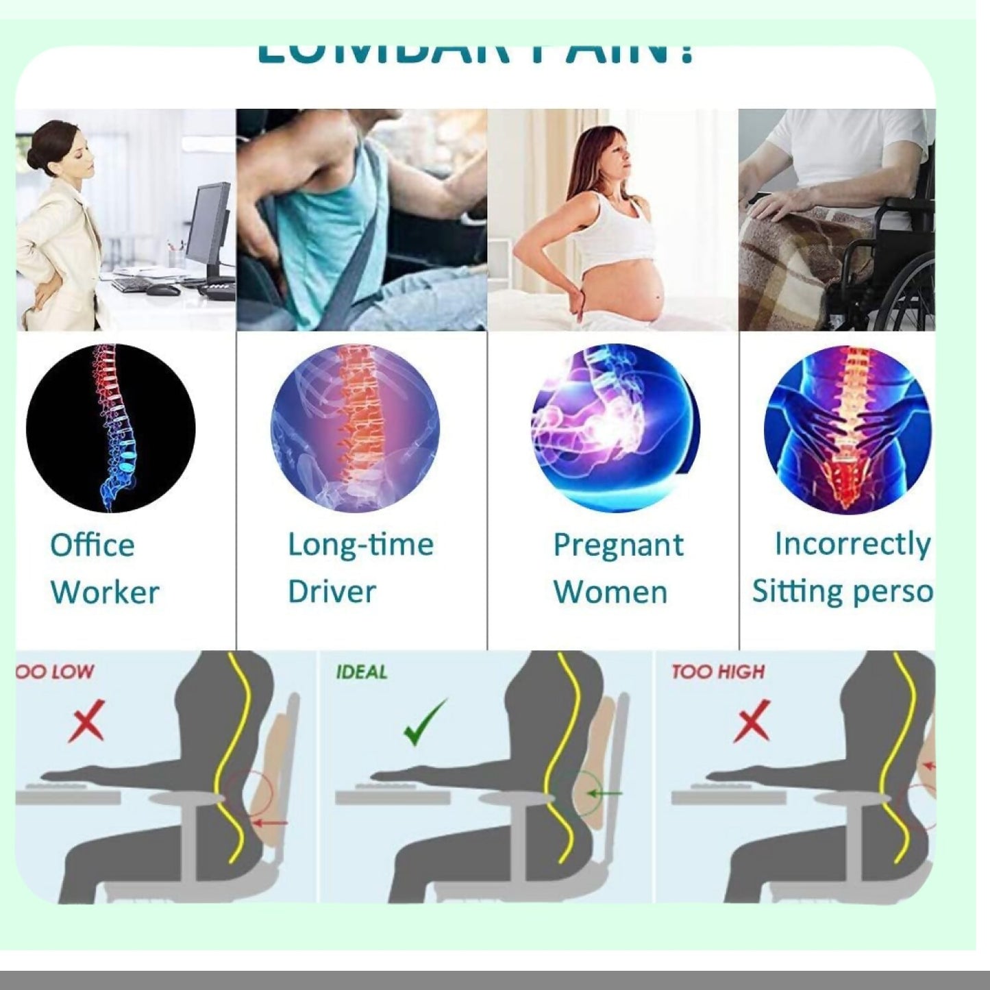 ErgoComfort Memory Foam Lumbar Support Pillow - Back Pain Relief & Posture Improvement Cushion for Office Chair, Car, Gaming Chair & Recliner - Double Adjustable Straps & Mesh Cover