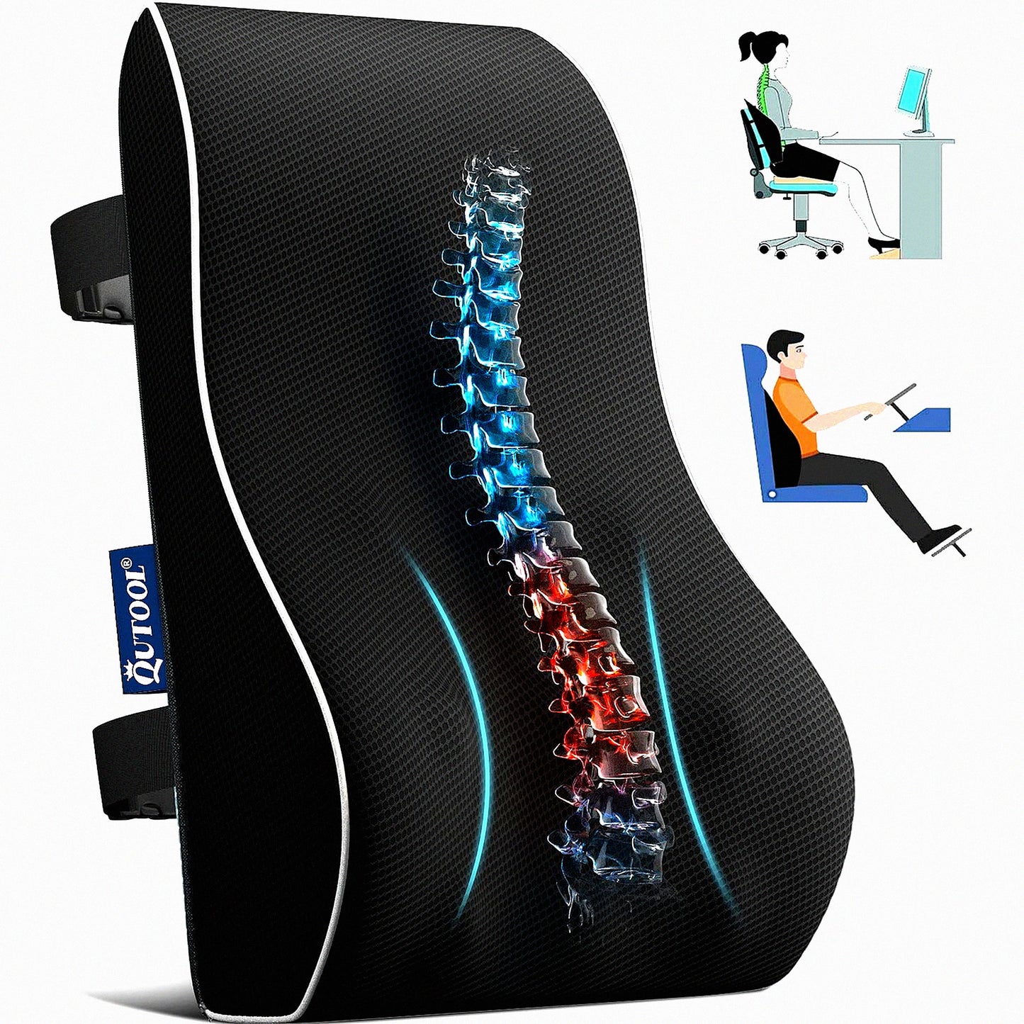 ErgoComfort Memory Foam Lumbar Support Pillow - Back Pain Relief & Posture Improvement Cushion for Office Chair, Car, Gaming Chair & Recliner - Double Adjustable Straps & Mesh Cover