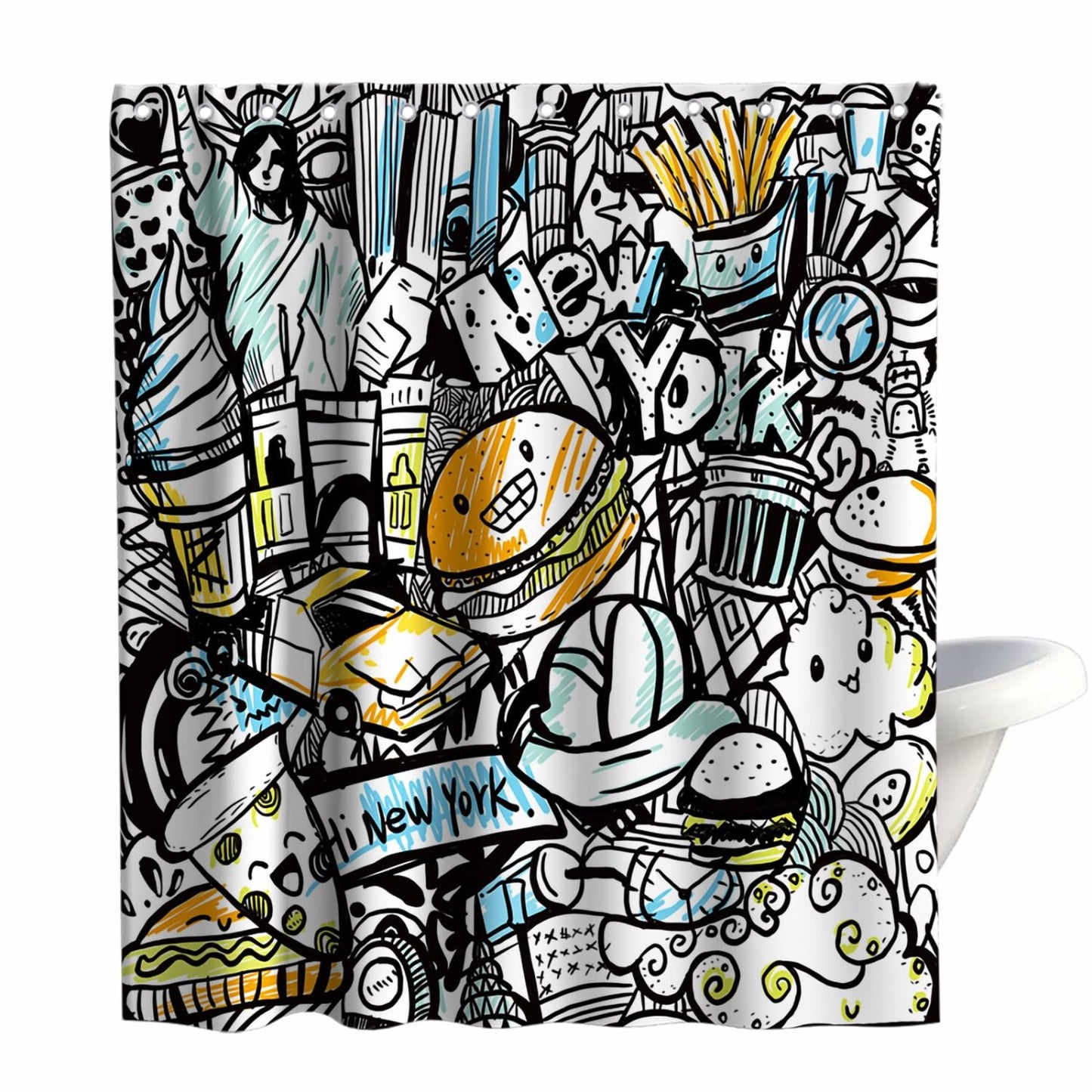 Graffiti Cartoon Shower Curtain Black White 72x72