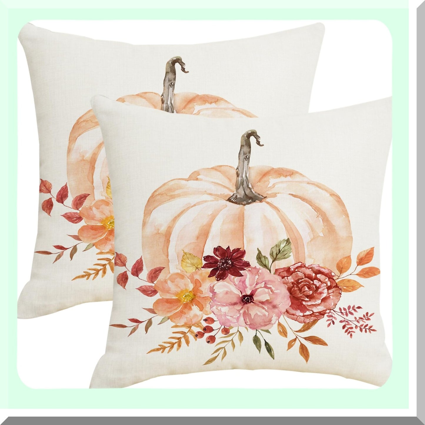 Autumn Harvest Floral Pillow Covers - Set of 2 18x18 Decorative Cushion Cases for Fall Decor, Thanksgiving Farmhouse Home Sofa Bed Couch Outdoor Decor - Orange Pink Linen Throw Pillow Cover