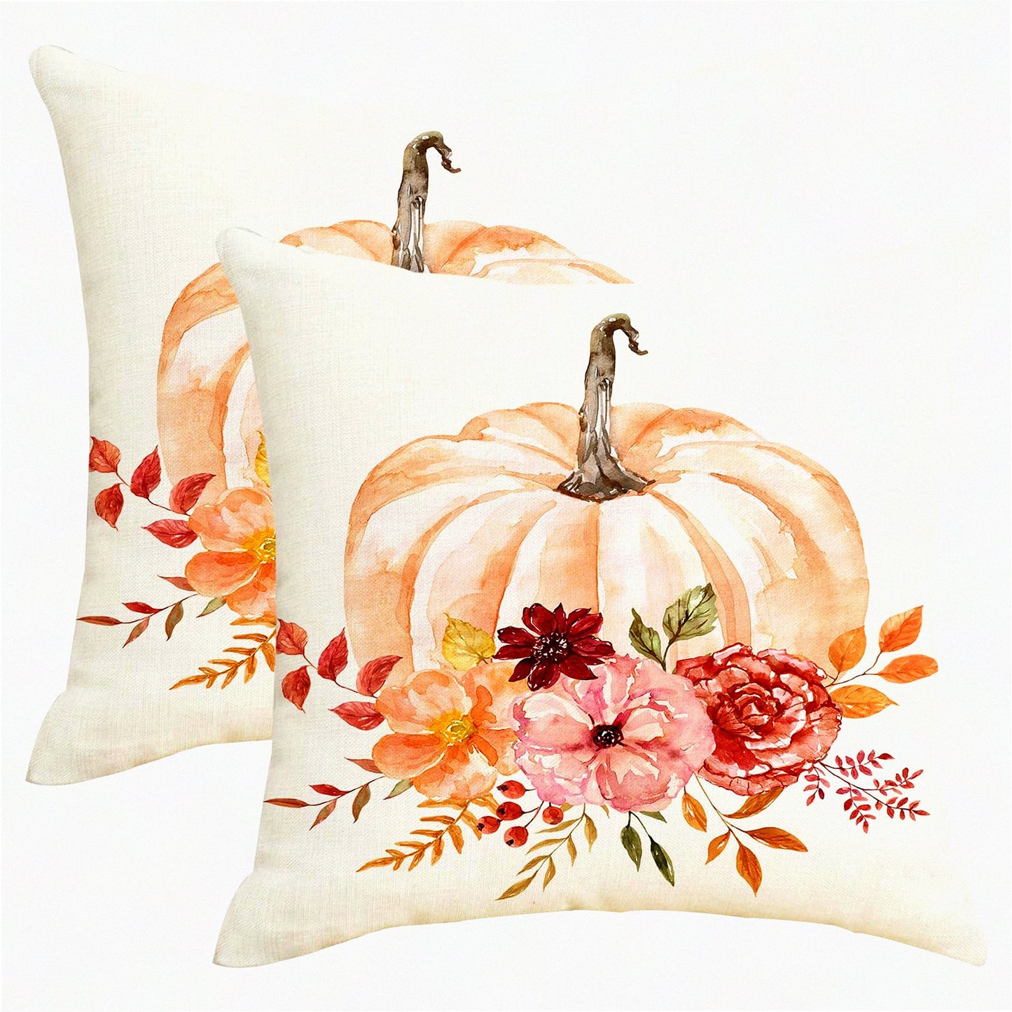 Autumn Harvest Floral Pillow Covers - Set of 2 18x18 Decorative Cushion Cases for Fall Decor, Thanksgiving Farmhouse Home Sofa Bed Couch Outdoor Decor - Orange Pink Linen Throw Pillow Cover