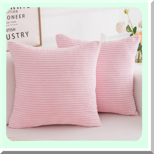 Soft Corduroy Pink Pillow Covers - Set of 2, 18x18 Inch Square Cushion Cases for Sofa, Bedroom, Car - Premium Decorative Pillows