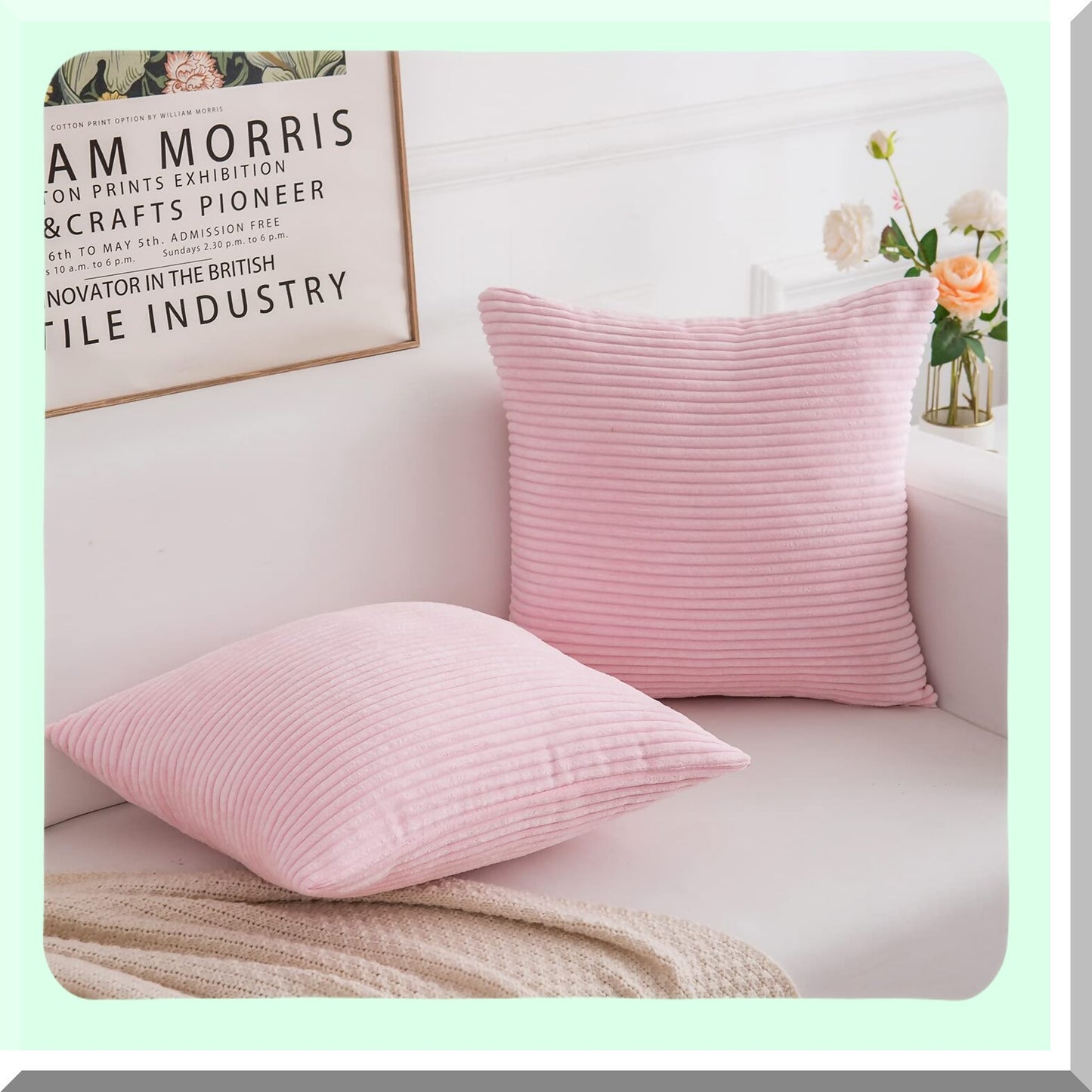 Soft Corduroy Pink Pillow Covers - Set of 2, 18x18 Inch Square Cushion Cases for Sofa, Bedroom, Car - Premium Decorative Pillows