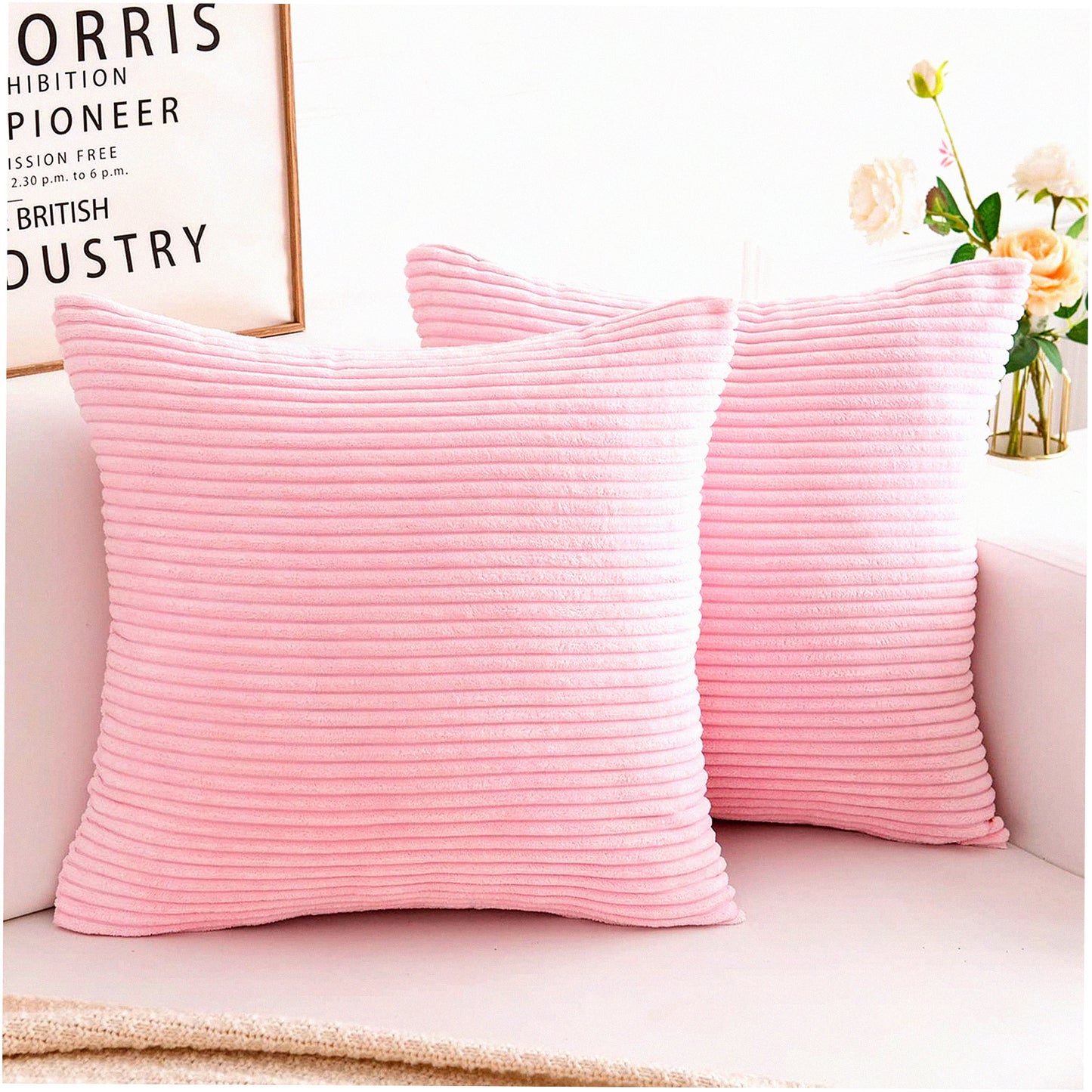 Soft Corduroy Pink Pillow Covers - Set of 2, 18x18 Inch Square Cushion Cases for Sofa, Bedroom, Car - Premium Decorative Pillows