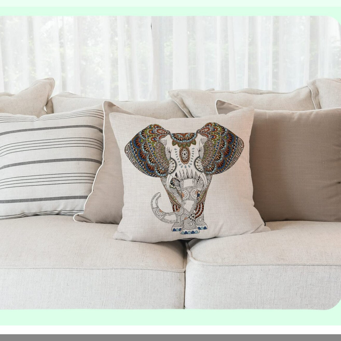 Boho Elephant Cushion Cover - Funny Animal Fabric Pillow Case for Couch Sofa Decor - Black and White Bohemian Throw Pillow - 18x18 inches Square