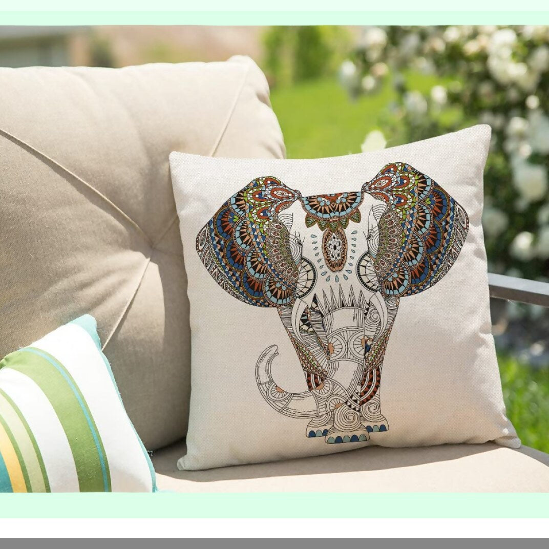 Boho Elephant Cushion Cover - Funny Animal Fabric Pillow Case for Couch Sofa Decor - Black and White Bohemian Throw Pillow - 18x18 inches Square