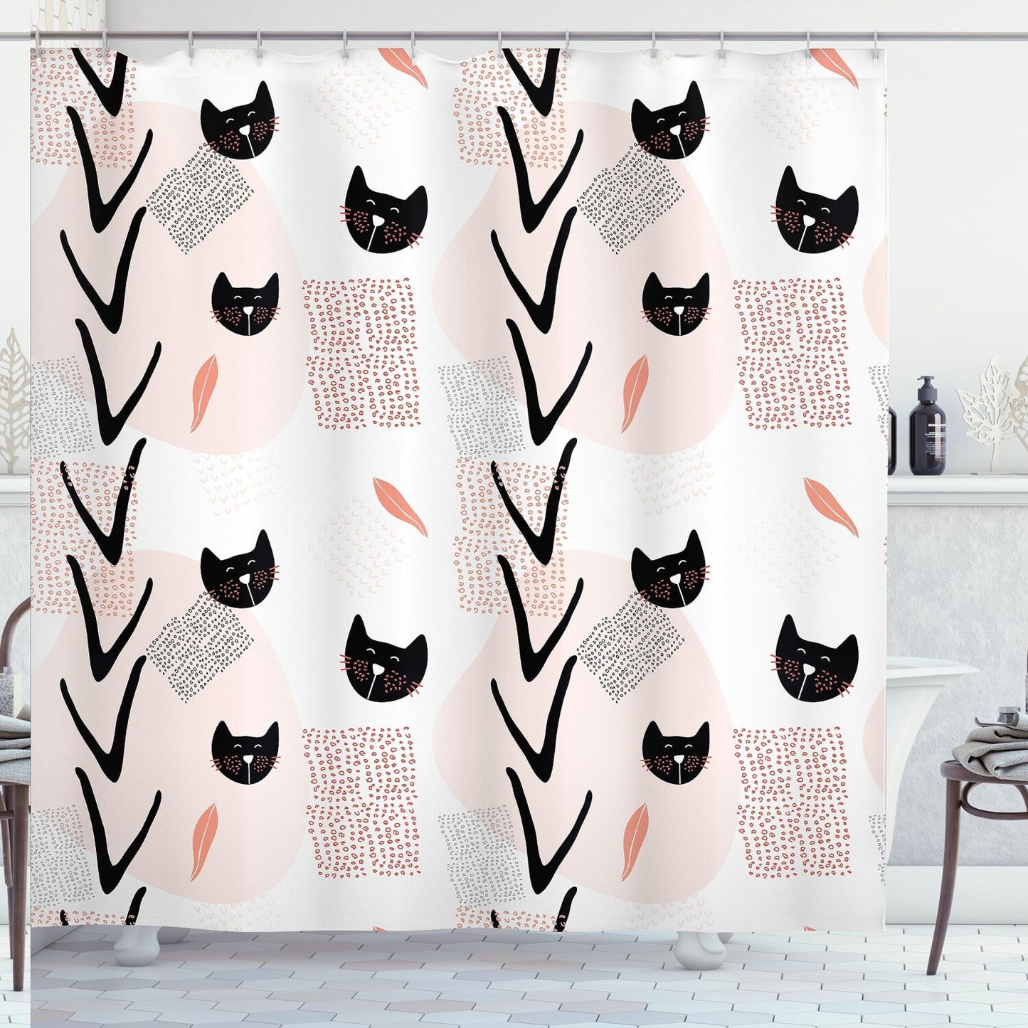Modern Cat Faces Dotted Whiskers Shower Curtain 69x70 Inches