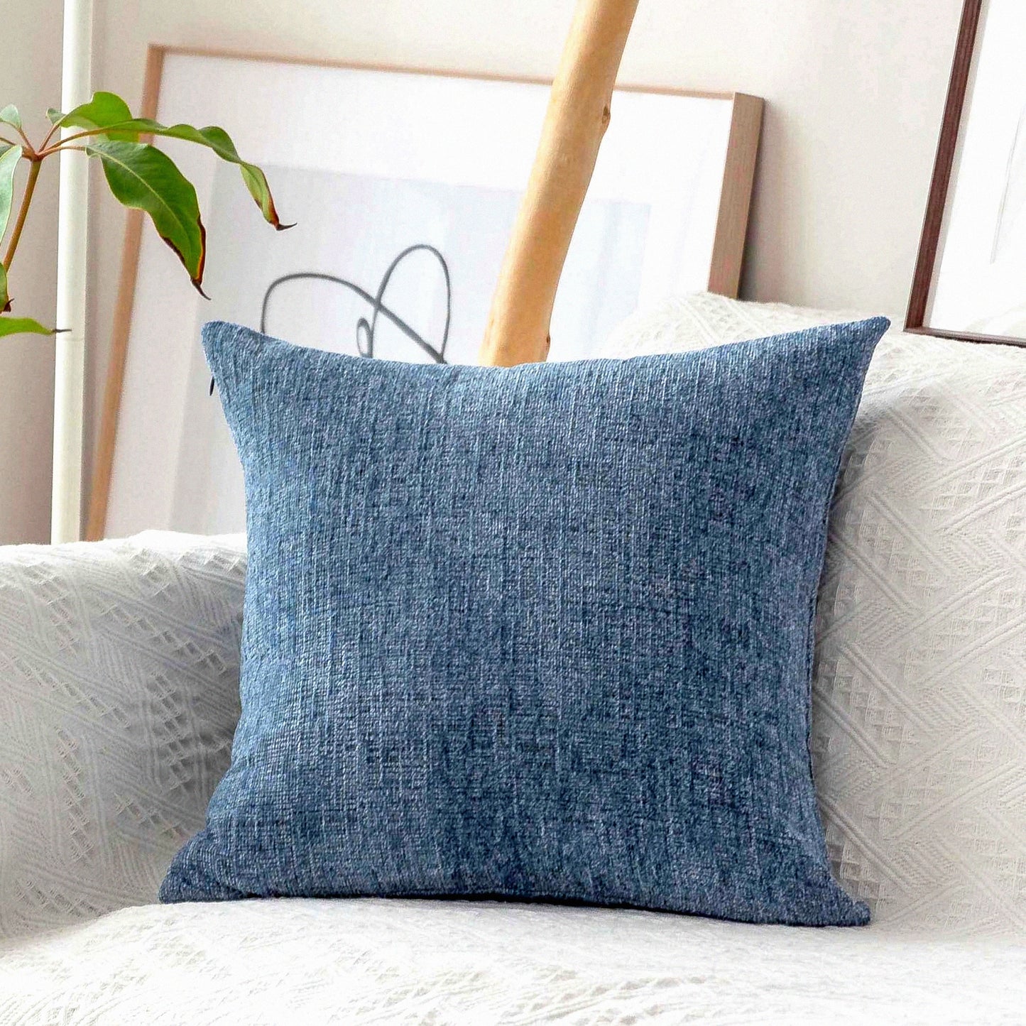 Plush Chenille Velvet Striped Euro Sham Cushion Cover - Super Soft Blue Throw Pillow Covers for Bench - 26 x 26 Inch Jeans Blue - Cozy Home Decor